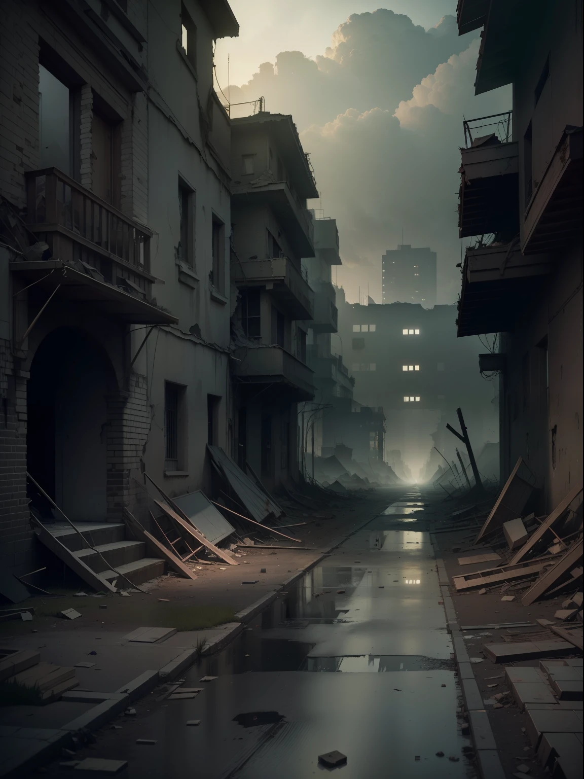 (8k, RAW photo, best quality, masterpiece:1.2), (full body), (realistic, photorealistic:1.37), octane rendering, ultra high res, ultra detailed, professional lighting, photon mapping, radiosity, rendering. Draw a city in ruins, with collapsed buildings and dark alleys. The streets are covered with rubble and dust, and the atmosphere is gloomy and oppressive. On the outskirts of the city, there are devastated fields and dead trees, creating a desolate and desperate scenario.