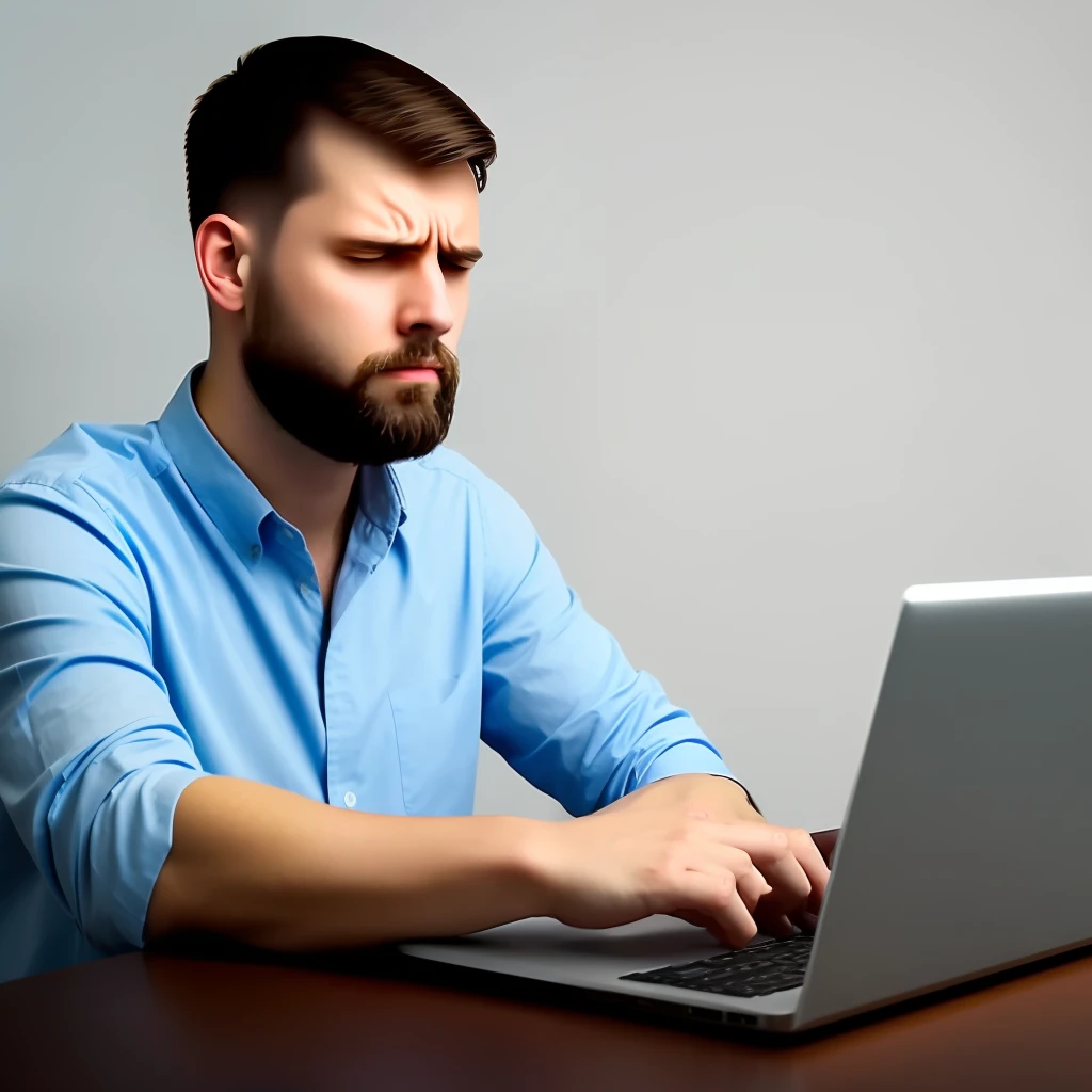 Nervous man with laptop, slow computer, angry, sad