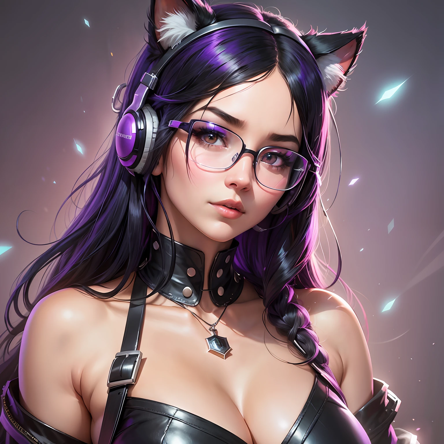 A closeup of a woman with purple and black hair wearing glasses, art in the style of Guweiz, model IG | Artgerm, Artgerm extremely detailed, Ilya Kuvshinov and Artgerm, Ilya Kuvshinov with long hair, Ilya Kuvshinov. 4 k, realistic art style, artgerm. Anime illustration, gamer, cat ears, with headset --auto --s2