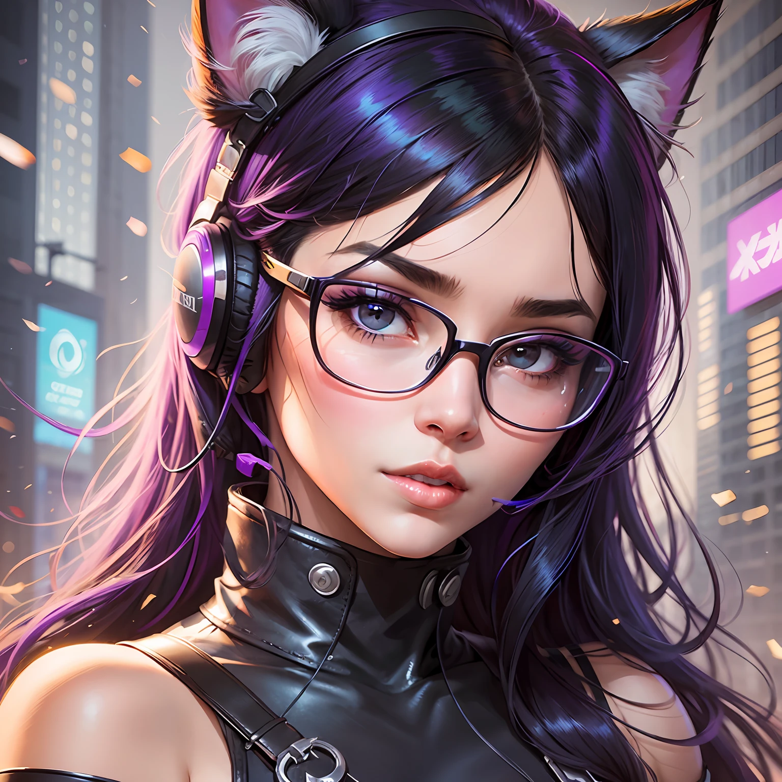 A closeup of a woman with purple and black hair wearing glasses, art in the style of Guweiz, model IG | Artgerm, Artgerm extremely detailed, Ilya Kuvshinov and Artgerm, Ilya Kuvshinov with long hair, Ilya Kuvshinov. 4 k, realistic art style, artgerm. Anime illustration, gamer, cat ears, with headset --auto --s2