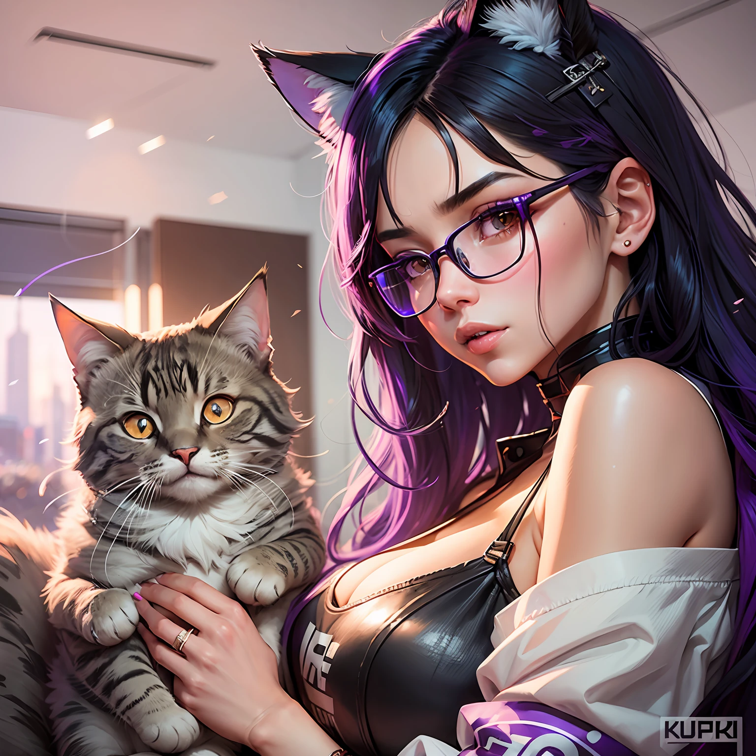 A closeup of a woman with purple and black hair wearing glasses, art in the style of Guweiz, model IG | Artgerm, Artgerm extremely detailed, Ilya Kuvshinov and Artgerm, Ilya Kuvshinov with long hair, Ilya Kuvshinov. 4 k, realistic art style, artgerm. Anime illustration, gamer, cat ears --auto --s2