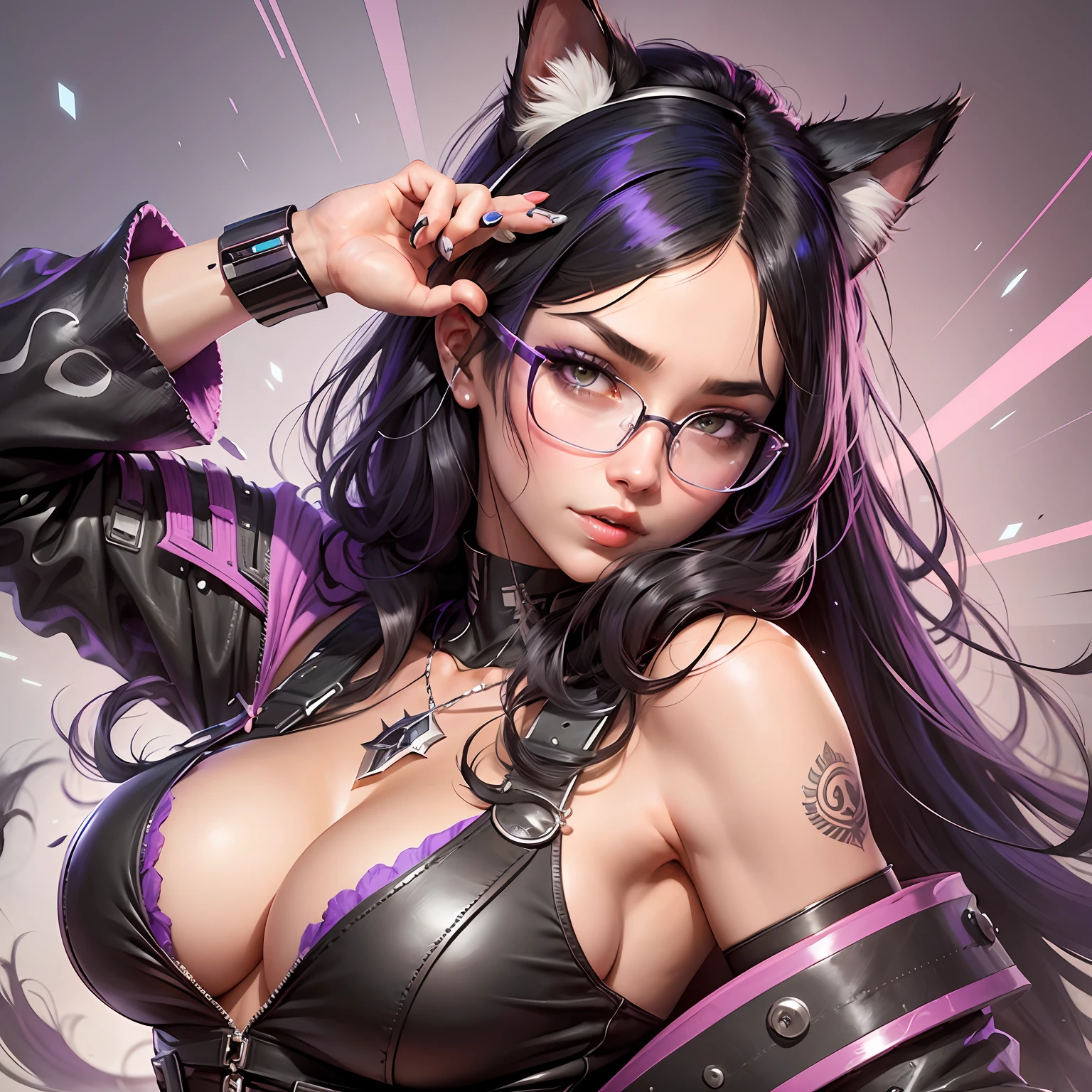 A closeup of a woman with purple and black hair wearing glasses, art in the style of Guweiz, model IG | Artgerm, Artgerm extremely detailed, Ilya Kuvshinov and Artgerm, Ilya Kuvshinov with long hair, Ilya Kuvshinov. 4 k, realistic art style, artgerm. Anime illustration, gamer, cat ears --auto --s2