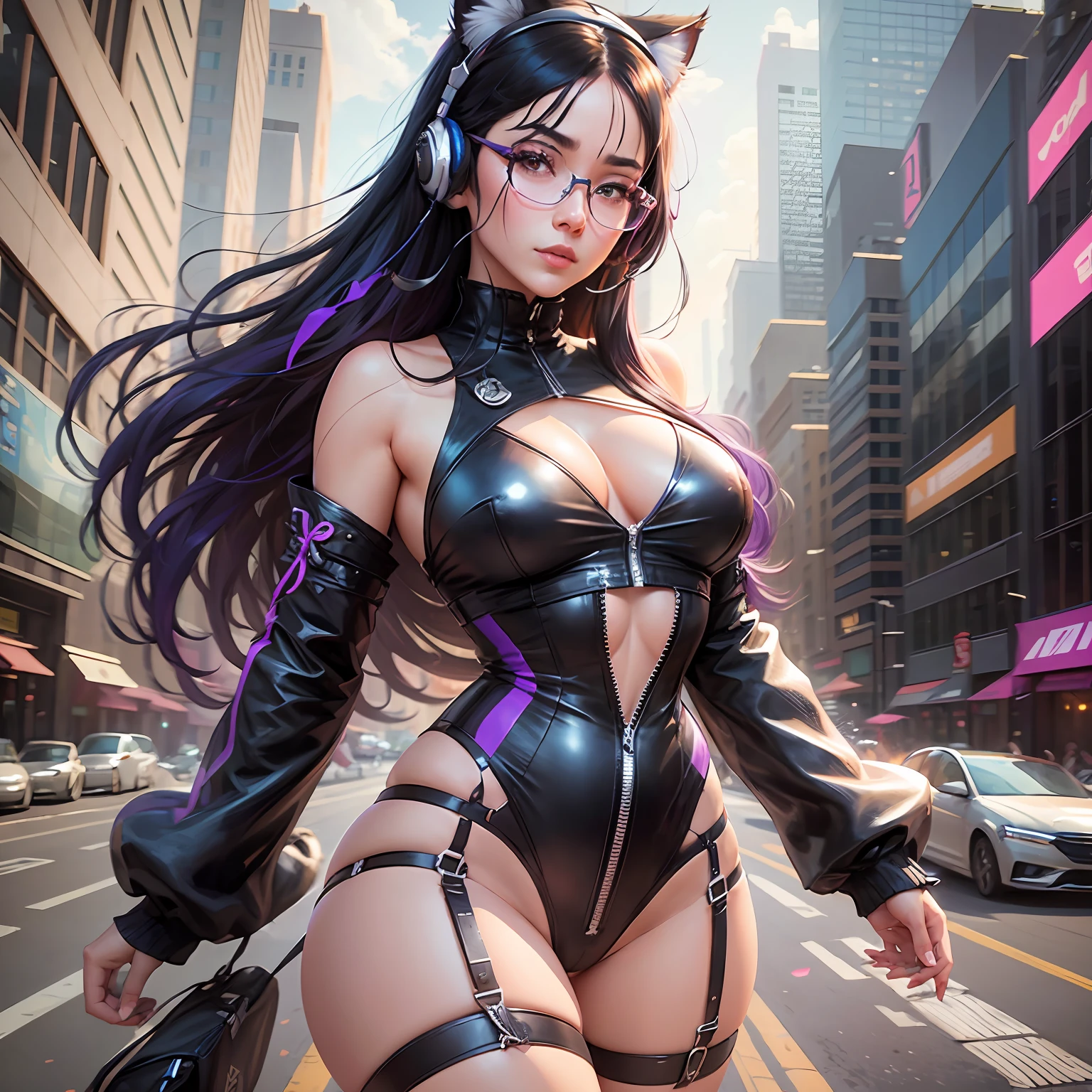 A closeup of a woman with purple and black hair wearing glasses, art in the style of Guweiz, model IG | Artgerm, Artgerm extremely detailed, Ilya Kuvshinov and Artgerm, Ilya Kuvshinov with long hair, Ilya Kuvshinov. 4 k, realistic art style, artgerm. Anime illustration, gamer, cat ears, with headset, full body --auto --s2