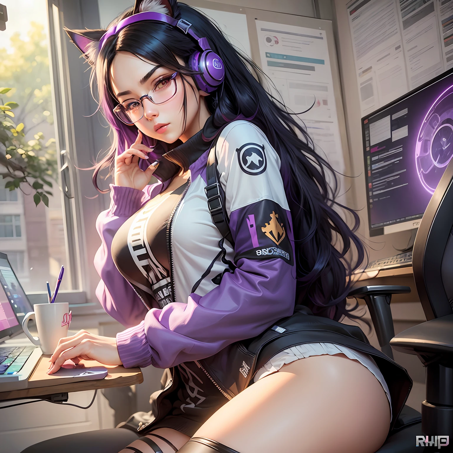 A closeup of a woman with purple and black hair wearing glasses, art in the style of Guweiz, model IG | Artgerm, Artgerm extremely detailed, Ilya Kuvshinov and Artgerm, Ilya Kuvshinov with long hair, Ilya Kuvshinov. 4 k, realistic art style, artgerm. anime illustration, gamer, cat ears, with headset, full body, gamer chair, notebook --auto --s2