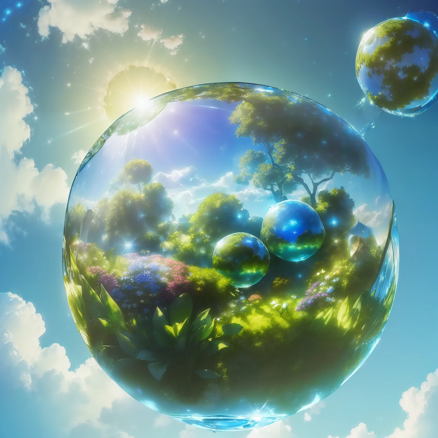 ((((masterpiece))), (((shining))), ((huge glass sphere, inner glow with green plants and flowers inside, a sphere filled with water, radiance flying in a clear blue sky among gentle clouds and starry)), (hyperrealism) without falling shadows, fantasy spherical world