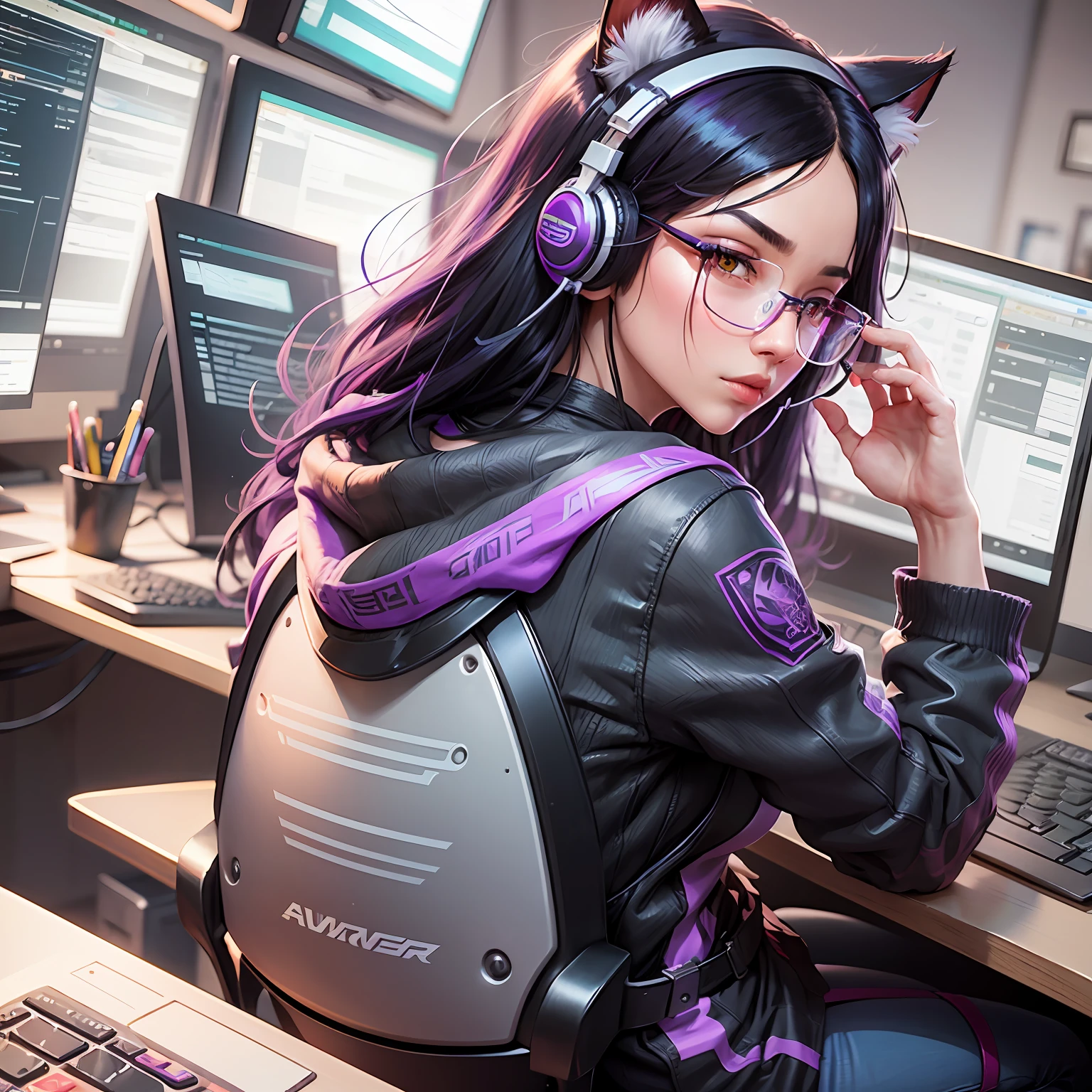 A closeup of a woman with purple and black hair wearing glasses, art in the style of Guweiz, model IG | Artgerm, Artgerm extremely detailed, Ilya Kuvshinov and Artgerm, Ilya Kuvshinov with long hair, Ilya Kuvshinov. 4 k, realistic art style, artgerm. anime illustration, gamer, cat ears, with headset, full body, gamer chair, developer --auto --s2