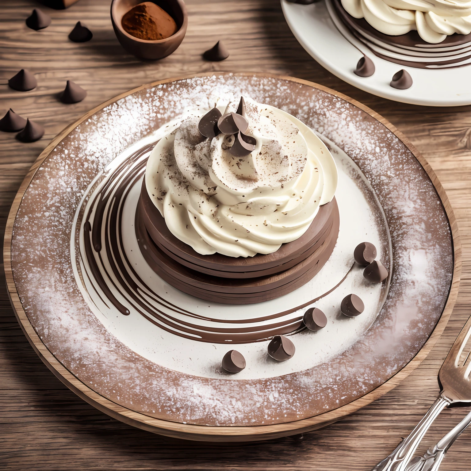 (exquisite dessert,food photography),(beige toned wooden surface,white plate),smoothest texture,delicious chocolate shavings,cocoa powder,mascarpone cheese,caffeine,white cream,artful presentation,Italian cuisine. --auto --s2