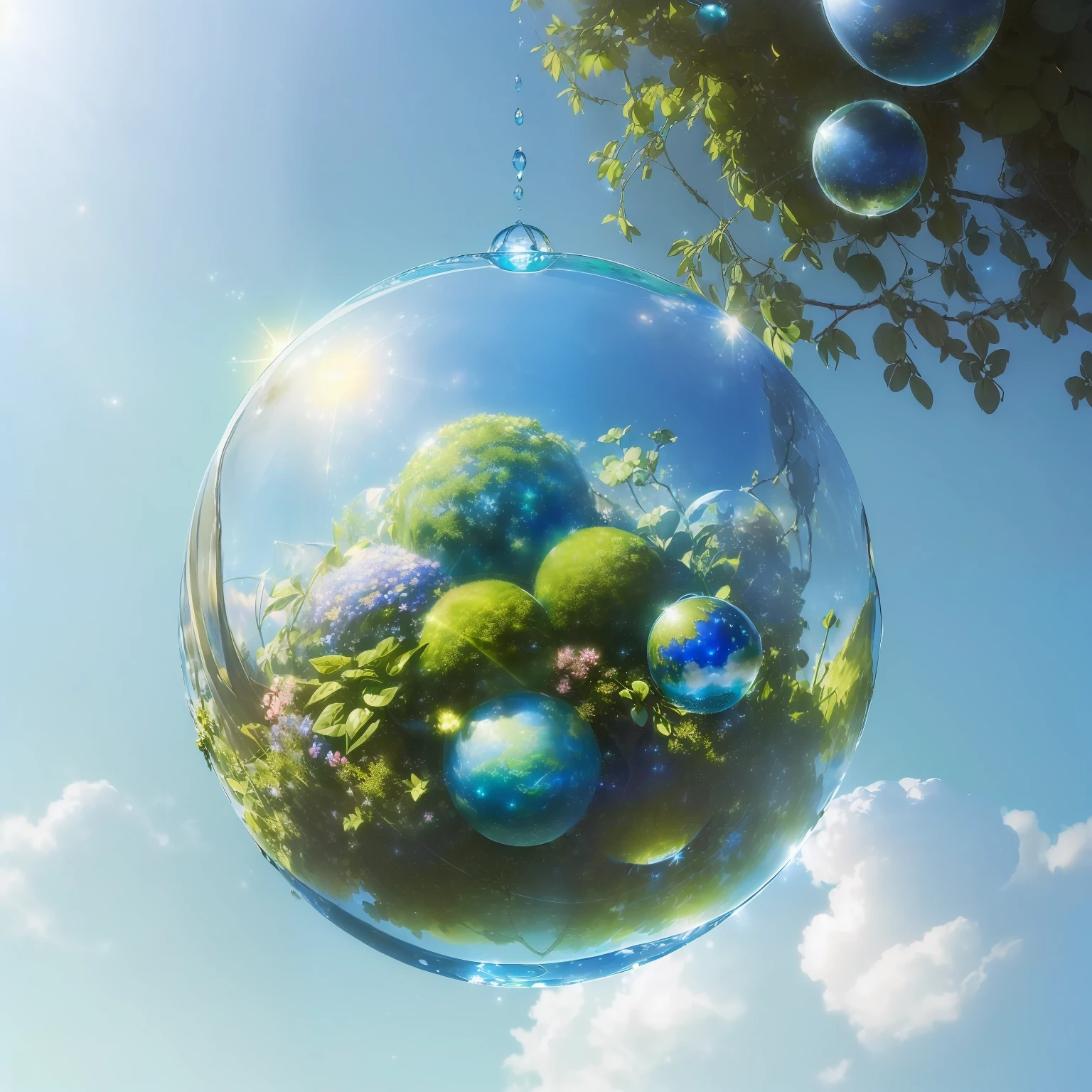 ((((masterpiece))), (((shining))), ((huge glass sphere, inner glow with green plants and flowers inside, a sphere filled with water, radiance flying in a clear blue sky among gentle clouds and starry)), (hyperrealism) without falling shadows, fantasy spherical world