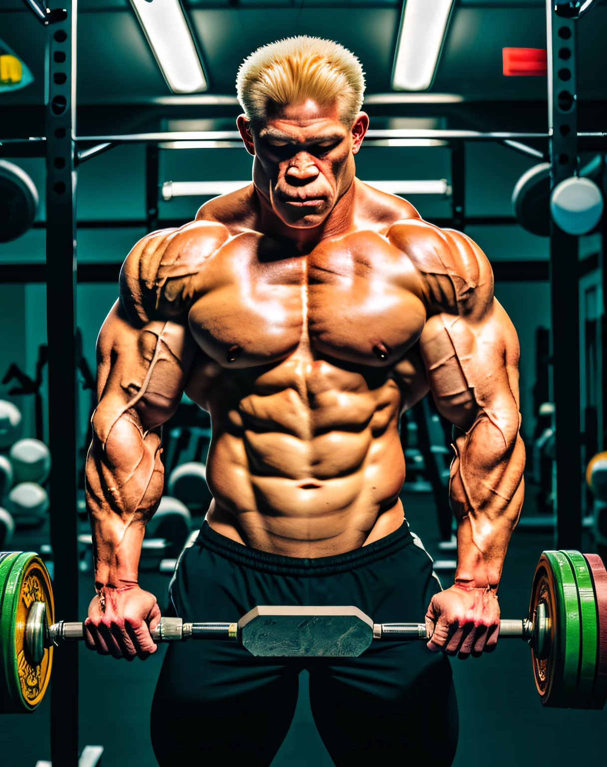 albino gorilla, white, bodybuilding, taking supplements in the bodybuilding gym