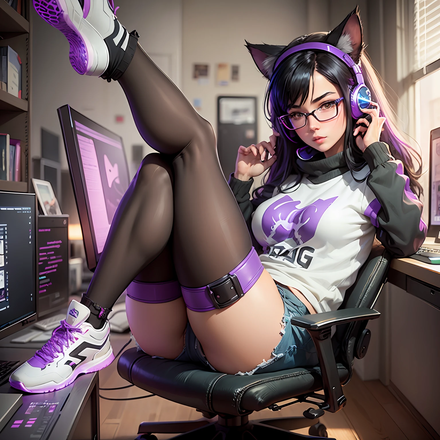 A closeup of a woman with purple and black hair wearing glasses, art in the style of Guweiz, model IG | Artgerm, Artgerm extremely detailed, Ilya Kuvshinov and Artgerm, Ilya Kuvshinov with long hair, Ilya Kuvshinov. 4 k, realistic art style, artgerm. anime illustration, gamer, cat ears, with headset, full body, gamer chair, developer, gamer computer, with sweatshirt --auto --s2