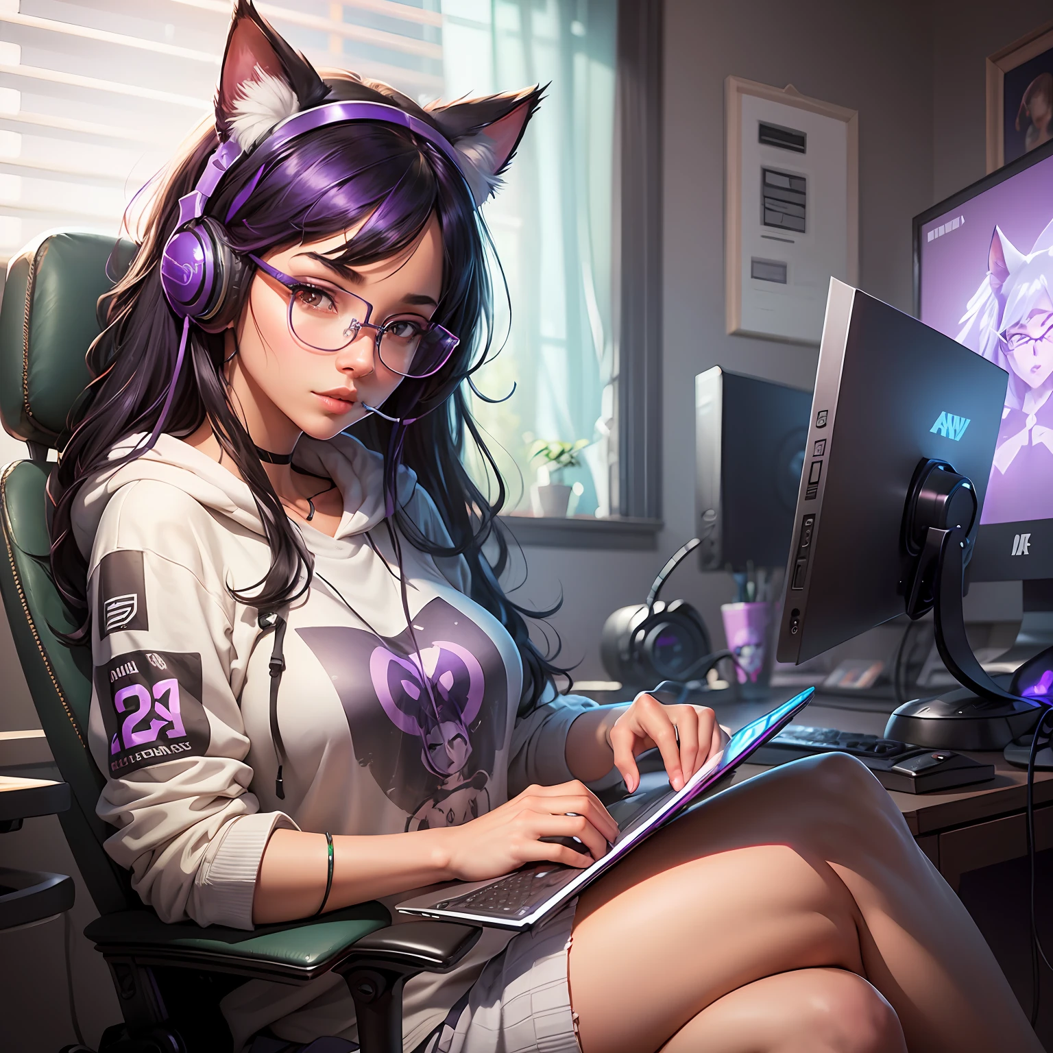 A closeup of a woman with purple and black hair wearing glasses, art in the style of Guweiz, model IG | Artgerm, Artgerm extremely detailed, Ilya Kuvshinov and Artgerm, Ilya Kuvshinov with long hair, Ilya Kuvshinov. 4 k, realistic art style, artgerm. anime illustration, gamer, cat ears, with headset, full body, gamer chair, developer, gamer computer, with sweatshirt --auto --s2