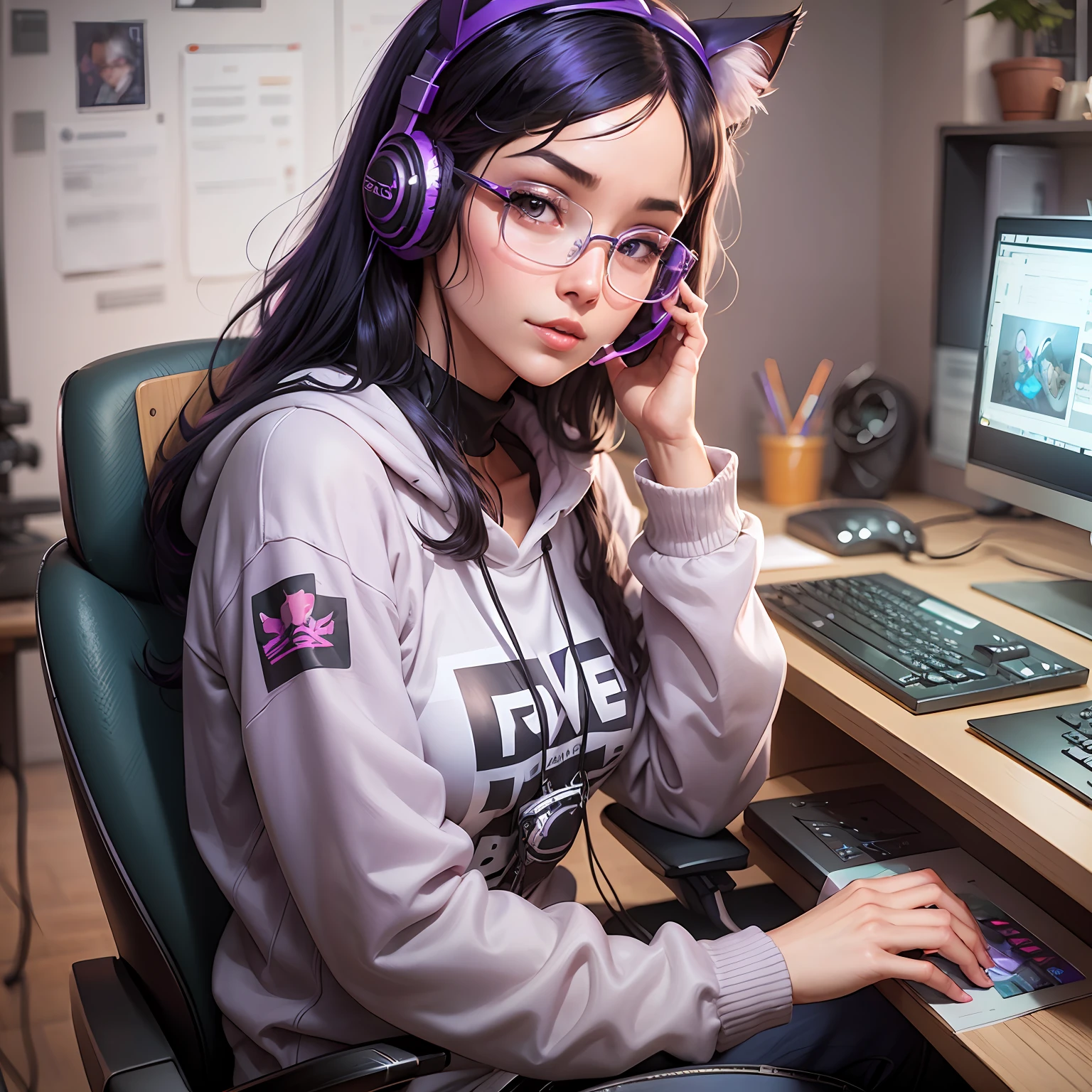 A closeup of a woman with purple and black hair wearing glasses, art in the style of Guweiz, model IG | Artgerm, Artgerm extremely detailed, Ilya Kuvshinov and Artgerm, Ilya Kuvshinov with long hair, Ilya Kuvshinov. 4 k, realistic art style, artgerm. anime illustration, gamer, cat ears, with headset, full body, gamer chair, developer, gamer computer, with sweatshirt --auto --s2
