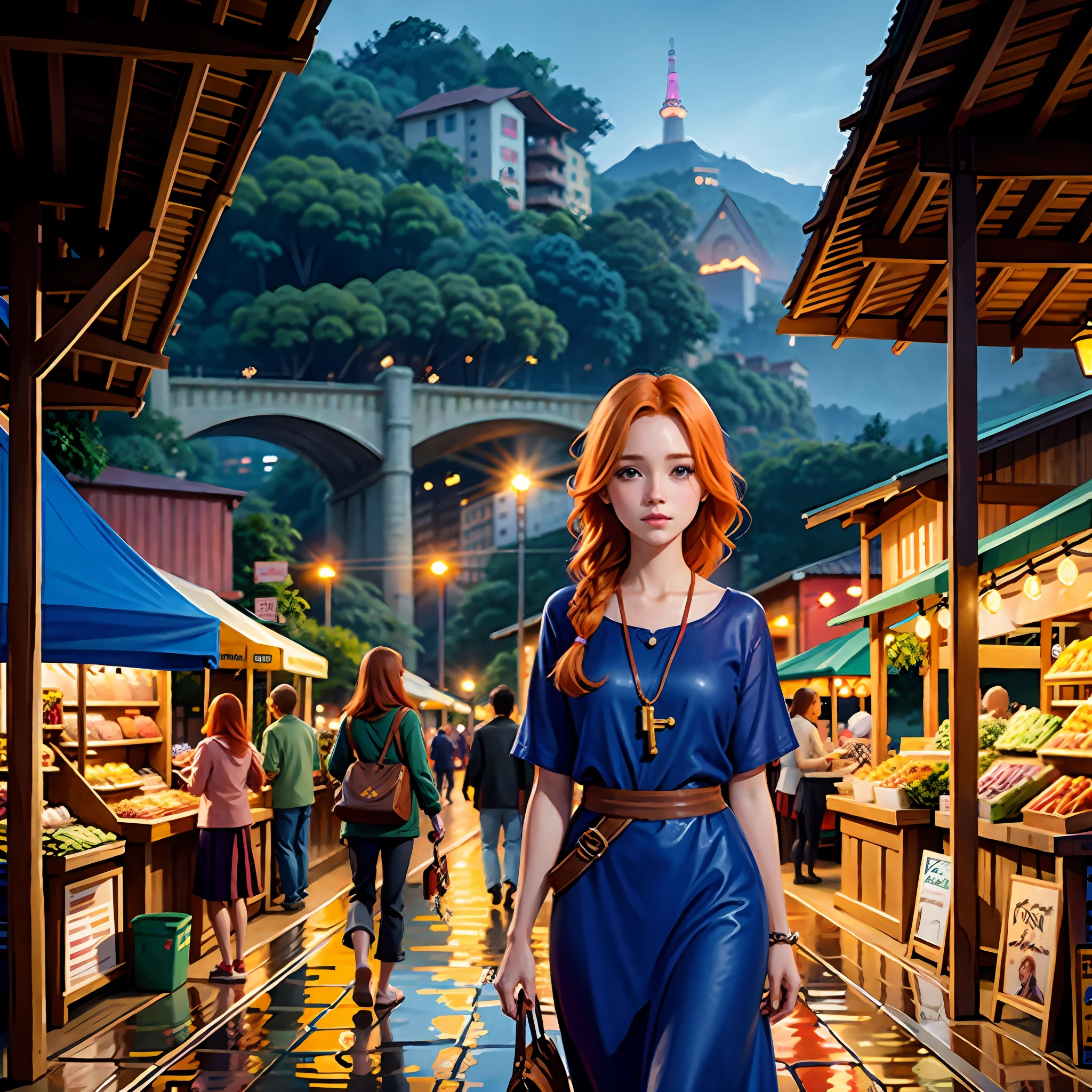 Young ginger woman, Post-Impressionism,  anime key visual,  landscape of a Wet street market  and biophilic Tanzanian Bridge, at Twilight, Sketch, hair light, hearthstone artwork, cinematic, unreal engine