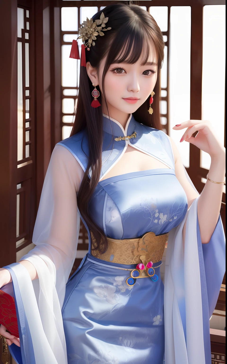 best quality, masterpiece, highres, 1girl,china dress,Beautiful face,
hair ornament, solo,looking at viewer,smile,closed mouth,lips,
dress,hair ornament, necklace, jewelry, long hair, earrings, chinese clothes,
architecture,east asian architecture