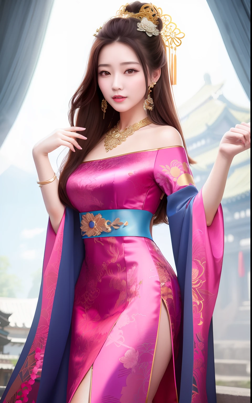 best quality, masterpiece, highres, 1girl,china dress,Beautiful face,
hair ornament, solo,looking at viewer,smile,closed mouth,lips,
dress,hair ornament, necklace, jewelry, long hair, earrings, chinese clothes,
architecture,east asian architecture