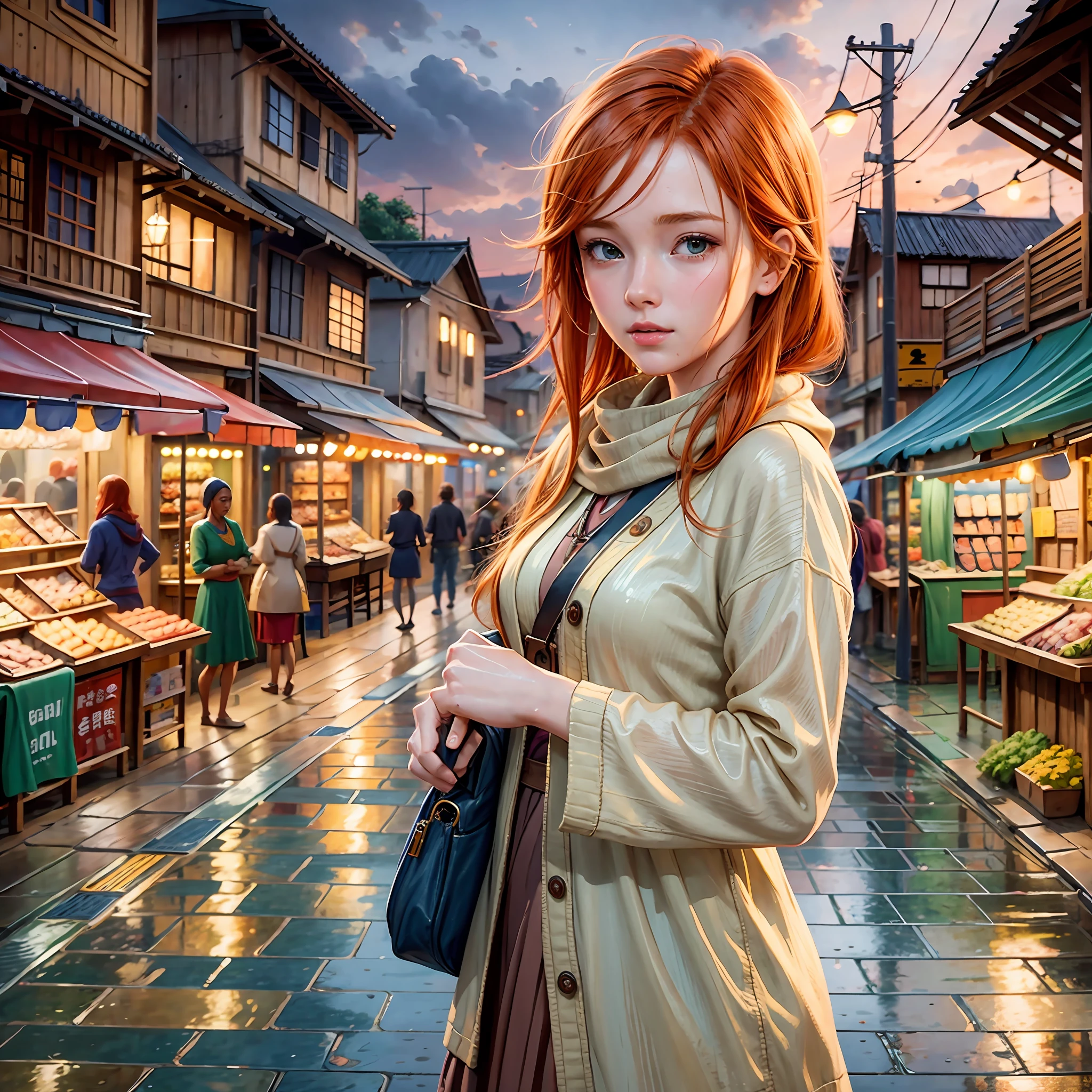 Young ginger woman, Post-Impressionism,  anime key visual,  landscape of a Wet street market  and biophilic Tanzanian Bridge, at Twilight, Sketch, hair light, hearthstone artwork, cinematic, unreal engine