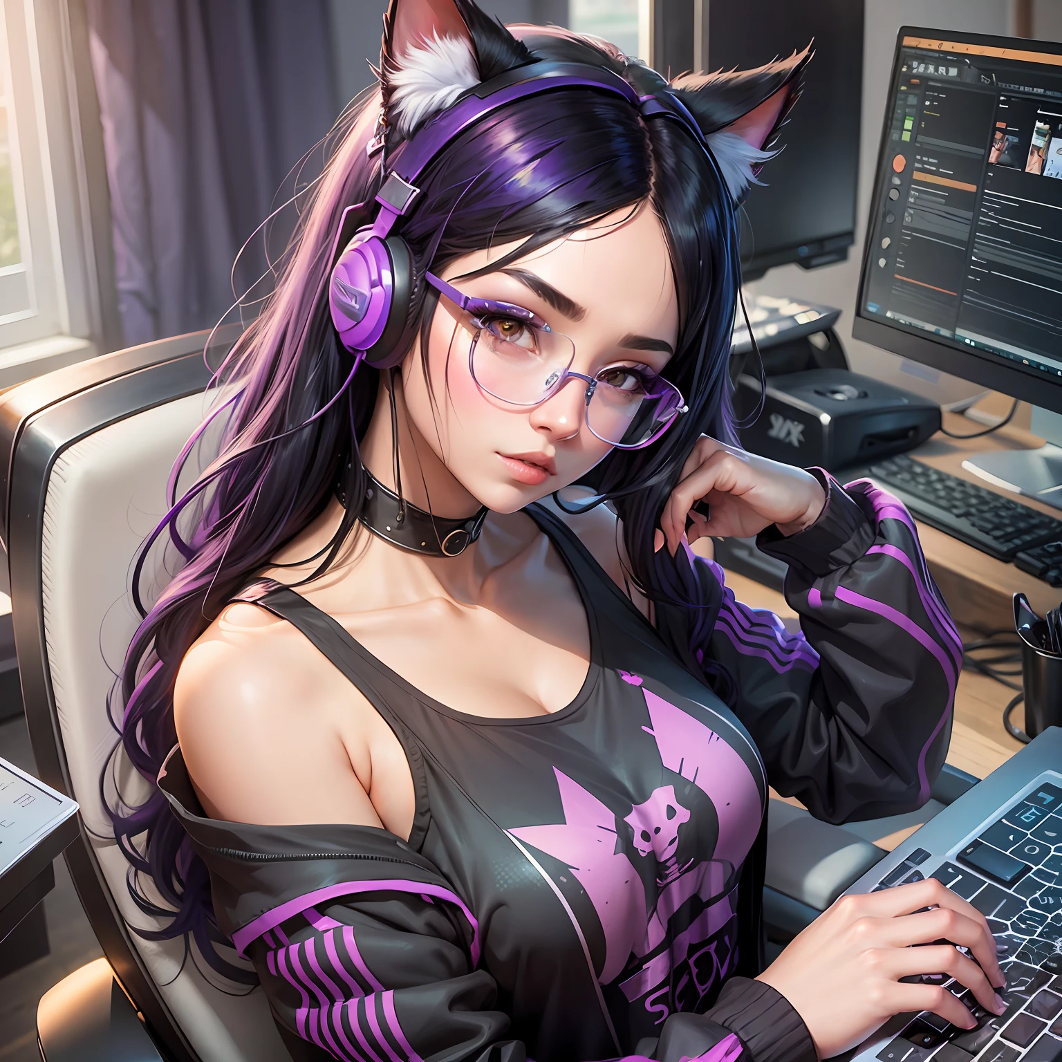 A closeup of a woman with purple and black hair wearing glasses, art in the style of Guweiz, model IG | Artgerm, Artgerm extremely detailed, Ilya Kuvshinov and Artgerm, Ilya Kuvshinov with long hair, Ilya Kuvshinov. 4 k, realistic art style, artgerm. illustration of anime, gamer, cat ears, with headset, full body, gamer chair, laptop, sexy --auto --s2