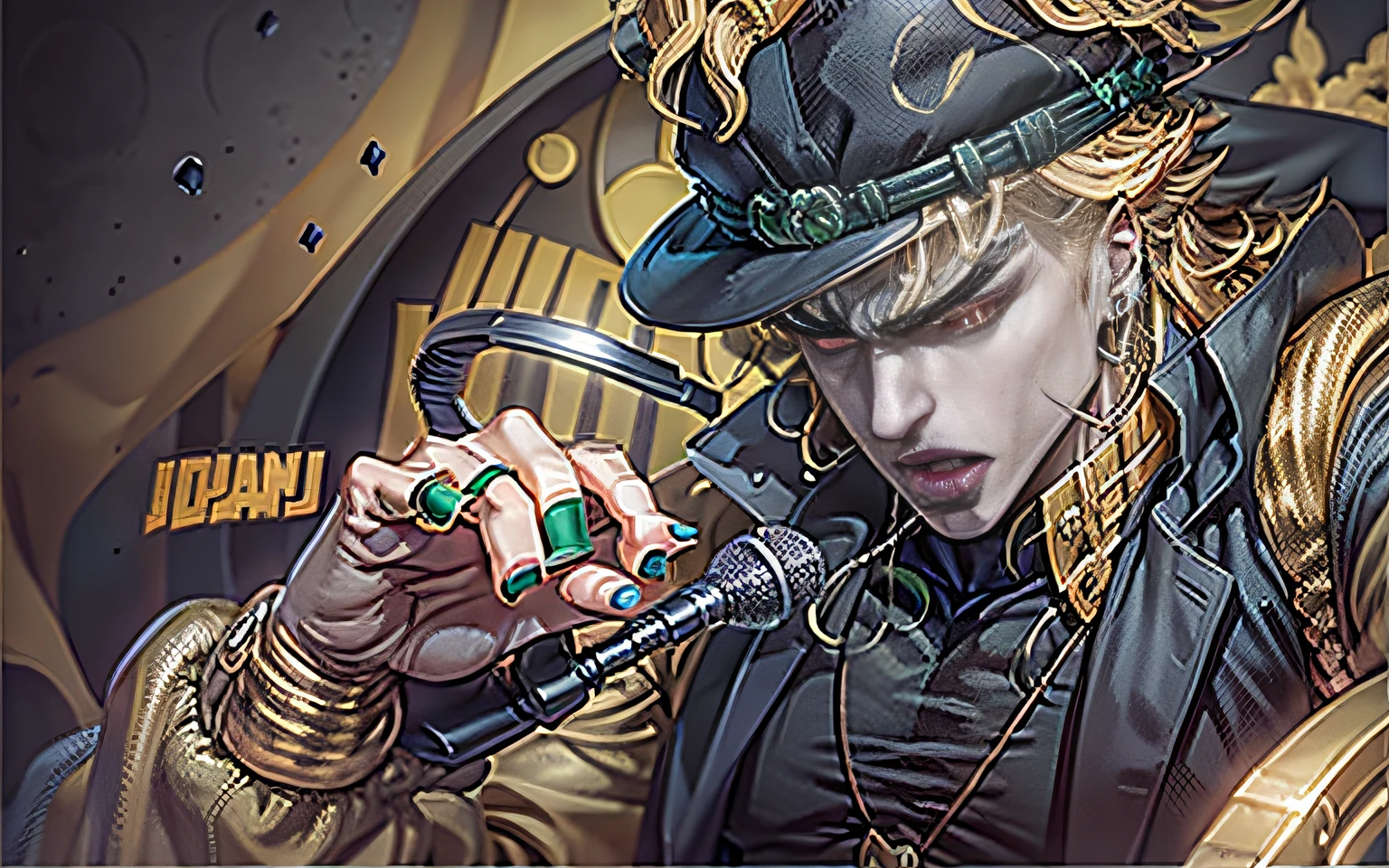 Dio brando, jojo's bizzare adventure, vampire suit, dio from stardust crusaders, singing, grey hat, microphone, eyes close, green, grey, yellow, black, gold, fnaf office background, fnaf stage