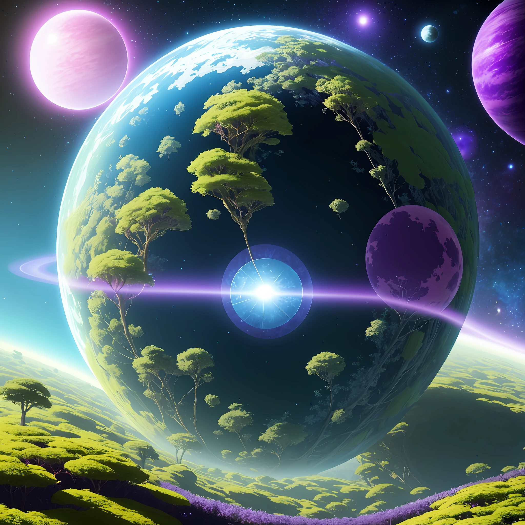 a close up of a planet with a bunch of trees on it, planet overgrown, violet planet, fractal world, fantasy overgrown world, fantasy planet, dyson sphere program pink planet, 3 d render beeple, planet landscape, circular planet, inspired by Johfra Bosschart, the planet, futuristic world, psychedelic floral planets, ethereal world