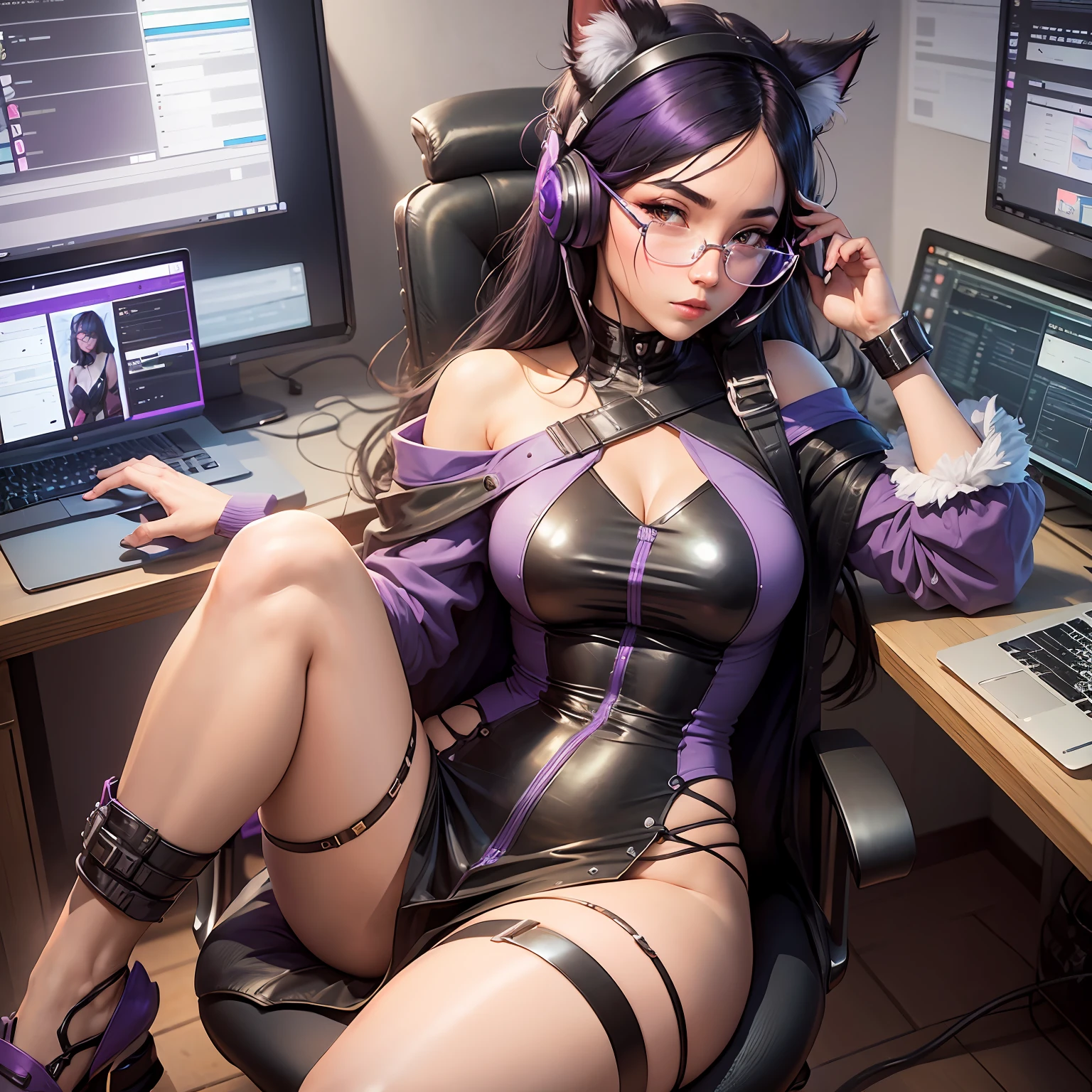 A closeup of a woman with purple and black hair wearing glasses, art in the style of Guweiz, model IG | Artgerm, Artgerm extremely detailed, Ilya Kuvshinov and Artgerm, Ilya Kuvshinov with long hair, Ilya Kuvshinov. 4 k, realistic art style, artgerm. anime illustration, gamer, cat ears, with headset, full body, gamer chair, laptop on table, sexy, serious face, cat tail --auto --s2