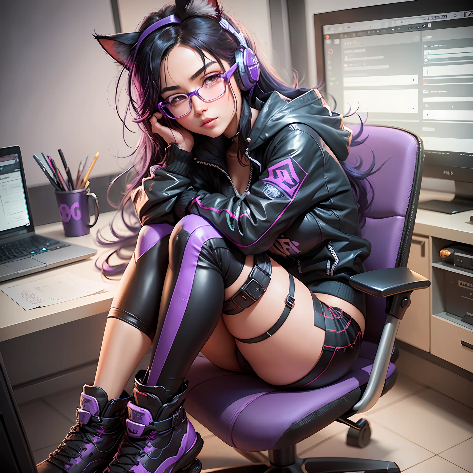 A closeup of a woman with purple and black hair wearing glasses, art in the style of Guweiz, model IG | Artgerm, Artgerm extremely detailed, Ilya Kuvshinov and Artgerm, Ilya Kuvshinov with long hair, Ilya Kuvshinov. 4 k, realistic art style, artgerm. anime illustration, gamer, cat ears, with headset, full body, gamer chair, laptop on table, sexy, serious face, developer, seductive, attractive, csgo, counter strike --auto --s2