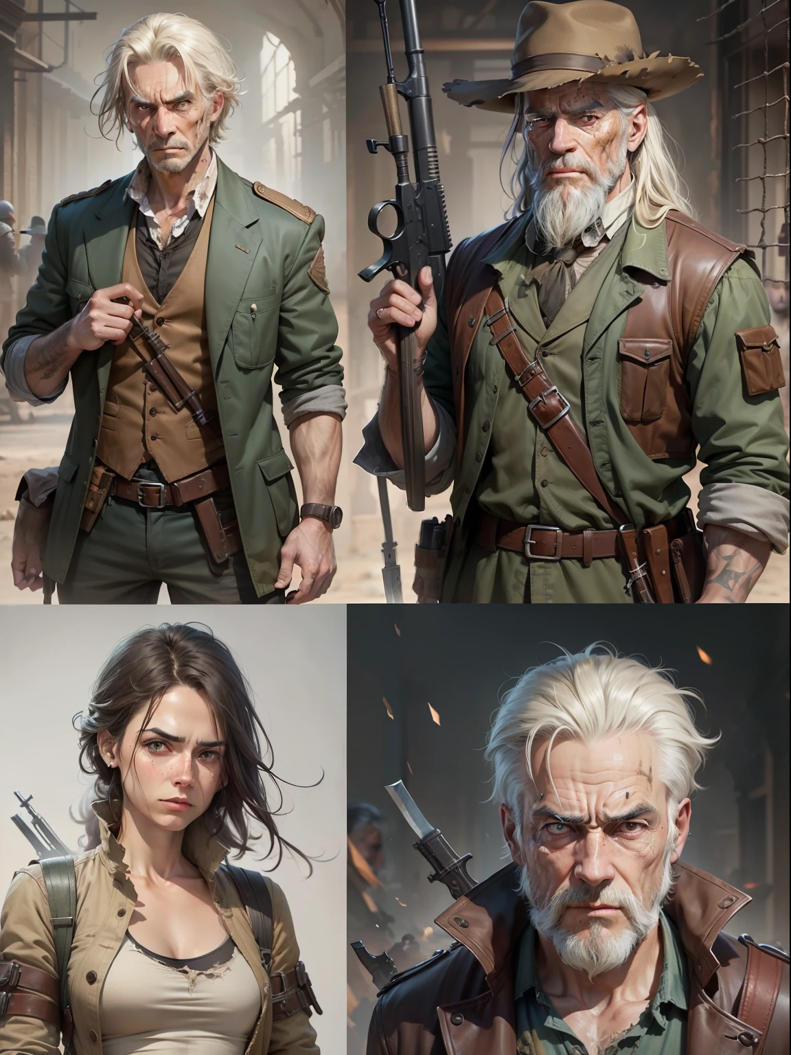Draw a group of men and women of different ages and appearances, all with dirty and torn clothes. They carry a variety of weapons, such as knives, iron bars, and antique firearms. Their facial expressions range from hostility, distrust, and fear.