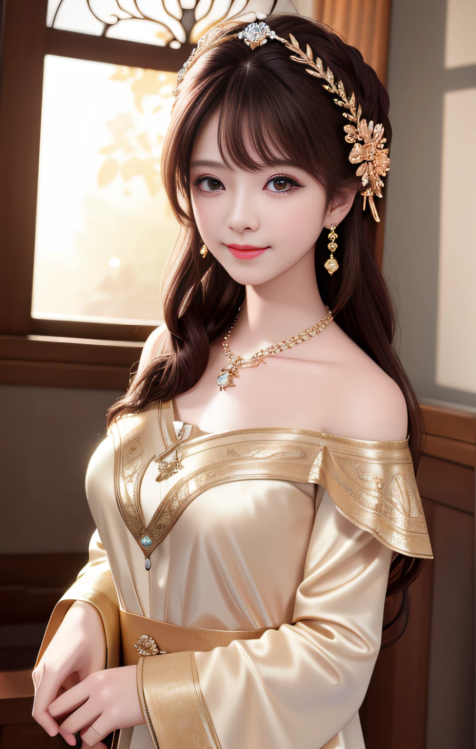 Superb Quality, Masterpiece, High Resolution, 1girl, Blush, (Seductive Smile: 0.8), Star Eyes, Off-the-Shoulder Han Clothes, Hair Accessories, Necklaces, Jewelry, Beauty, on_body, Tyndall Effect, Realistic, Shadow Room, Light Edge, Two-tone Lighting, (High Detail Skin: 1.2), 8K UHD, DSLR, Soft Light, High Quality, Volume Lighting, Voyeur, Photo, High Resolution, 4K, 8K, Background Blur