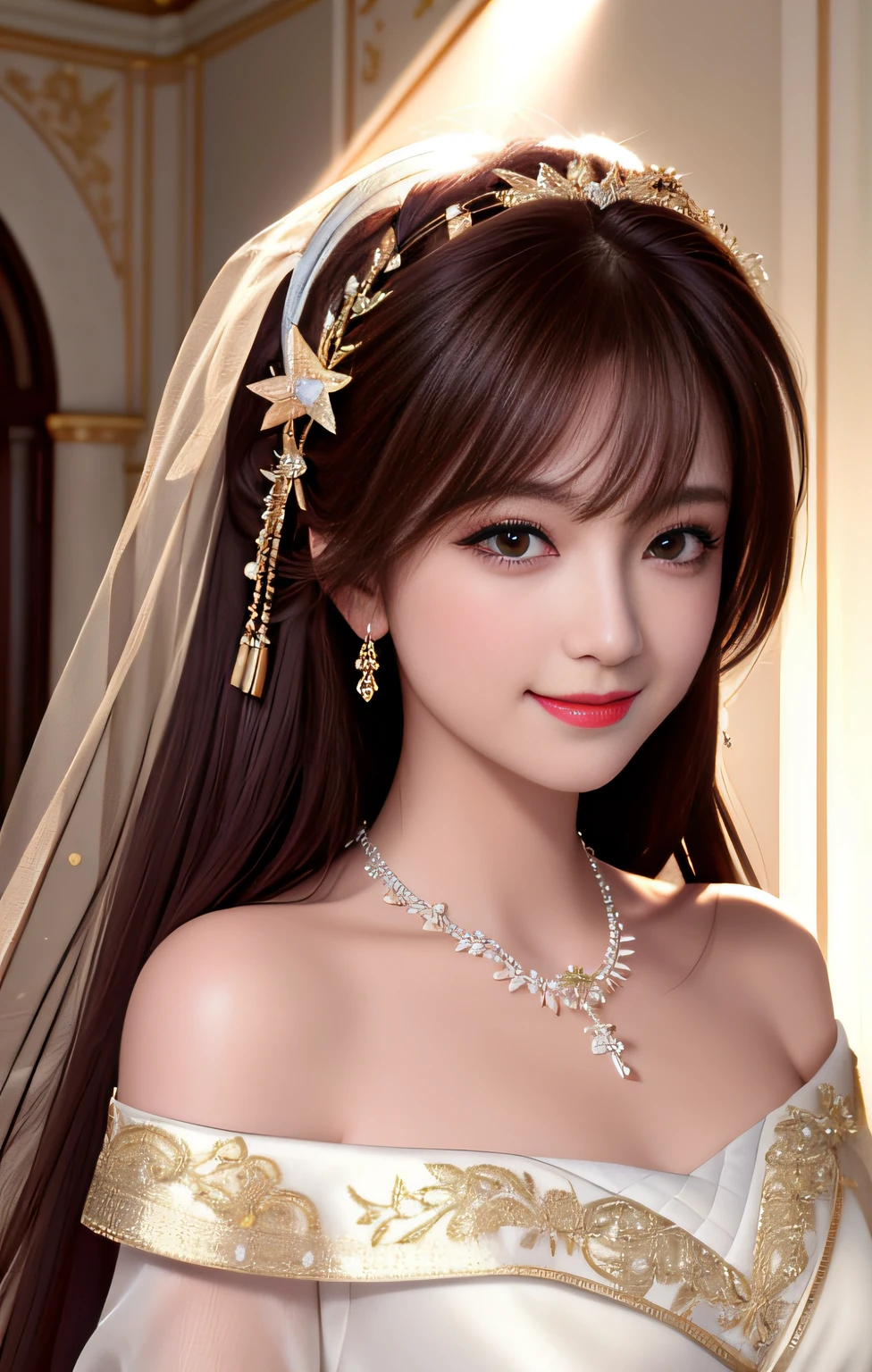 Superb Quality, Masterpiece, High Resolution, 1girl, Blush, (Seductive Smile: 0.8), Star Eyes, Off-the-Shoulder Han Clothes, Hair Accessories, Necklaces, Jewelry, Beauty, on_body, Tyndall Effect, Realistic, Shadow Room, Light Edge, Two-tone Lighting, (High Detail Skin: 1.2), 8K UHD, DSLR, Soft Light, High Quality, Volume Lighting, Voyeur, Photo, High Resolution, 4K, 8K, Background Blur