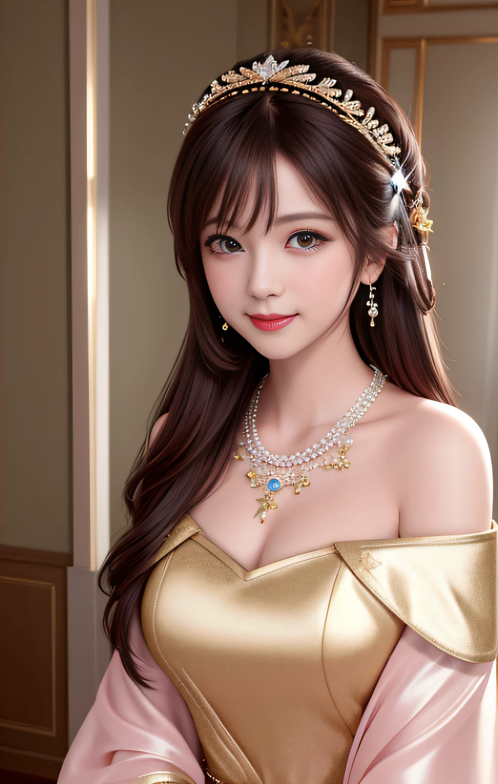 Superb Quality, Masterpiece, High Resolution, 1girl, Blush, (Seductive Smile: 0.8), Star Eyes, Off-the-Shoulder Han Clothes, Hair Accessories, Necklaces, Jewelry, Beauty, on_body, Tyndall Effect, Realistic, Shadow Room, Light Edge, Two-tone Lighting, (High Detail Skin: 1.2), 8K UHD, DSLR, Soft Light, High Quality, Volume Lighting, Voyeur, Photo, High Resolution, 4K, 8K, Background Blur