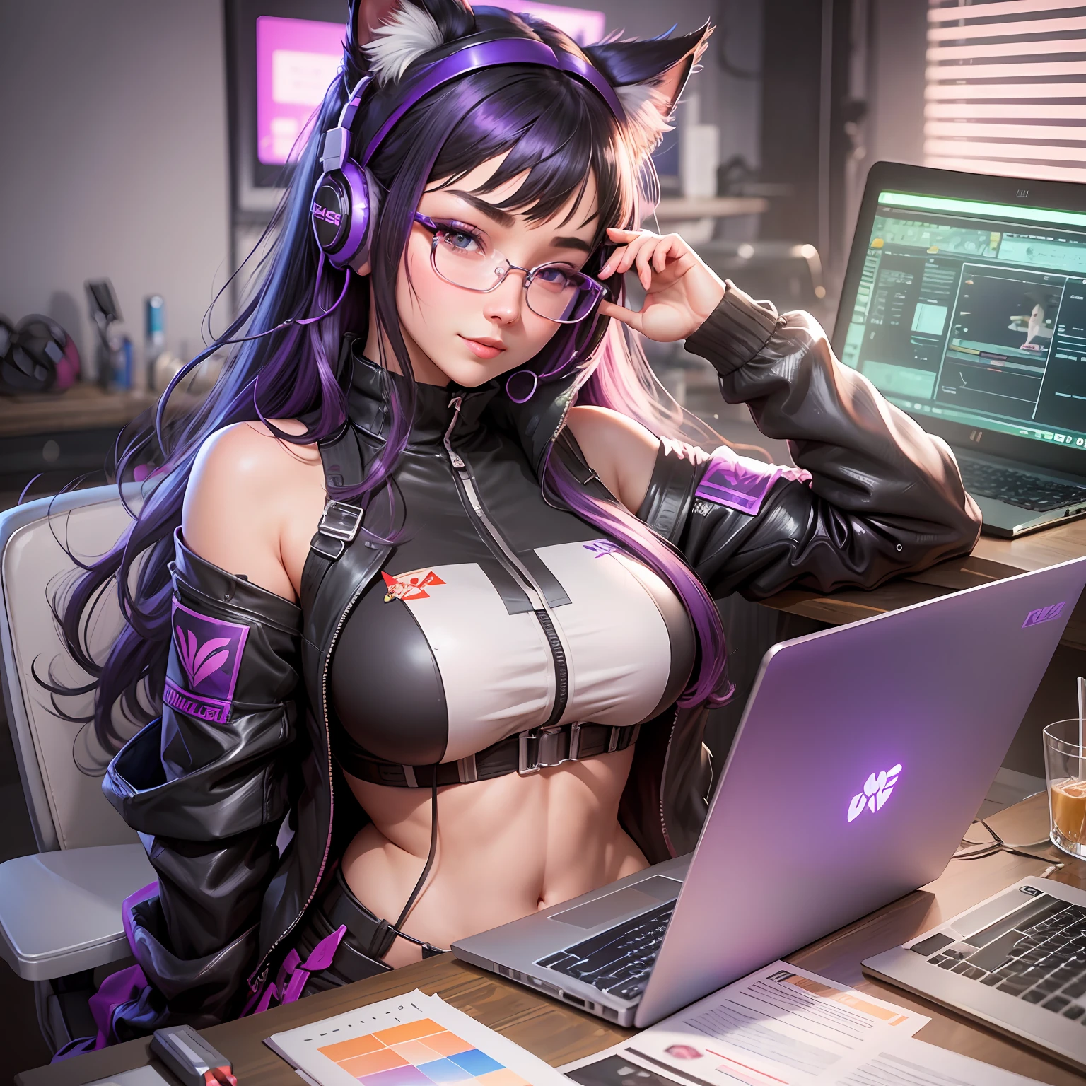A closeup of a woman with purple and black hair wearing glasses, Guweiz-style art, CGTastation trend, extremely detailed ArtGerm, Fanart Best ArtStation, IG model | Artgerm, Artgerm extremely detailed, Ilya Kuvshinov and Artgerm, Ilya Kuvshinov with long hair, Ilya Kuvshinov. 4 k, realistic art style, artgerm. anime illustration, gamer, cat ears, with headset, full body, gamer chair, laptop on table, sexy, smiling, developer, seraphine ahri kda, seductive, attractive --auto --s2