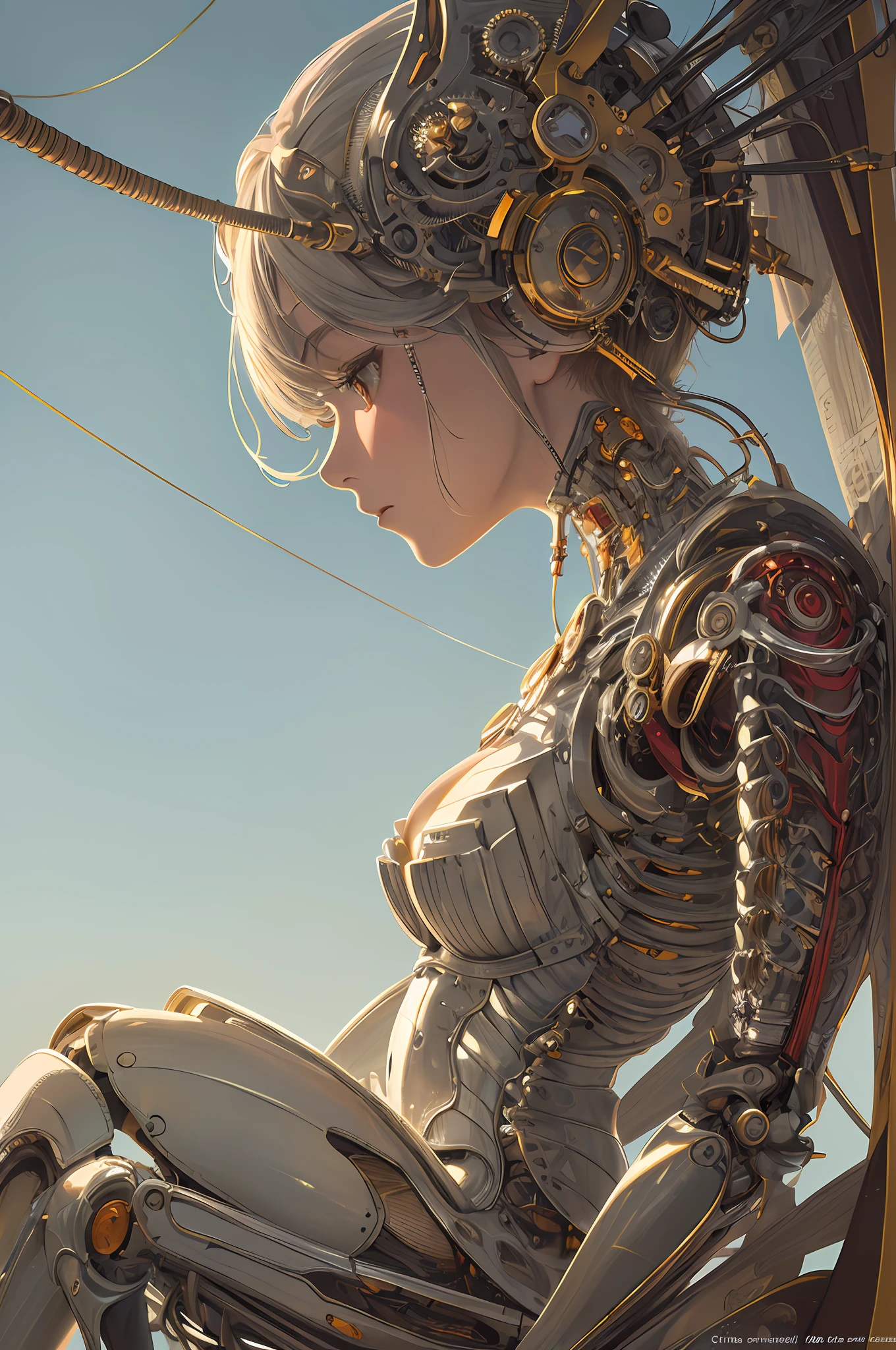 (((masterpiece))), (((best quality))), ((ultra-detailed)), (highly detailed CG illustration), ((an extremely delicate and beautiful)),(from side),cinematic light,((1mechanical girl)),solo,full body,(machine made joints:1.2),((machanical limbs)),(blood vessels connected to tubes),(mechanical vertebra attaching to back),((mechanical cervial attaching to neck)),(sitting),expressionless,(wires and cables attaching to neck:1.2),(wires and cables on head:1.2)(character focus),science fiction,extreme detailed,colorful,highest detailed