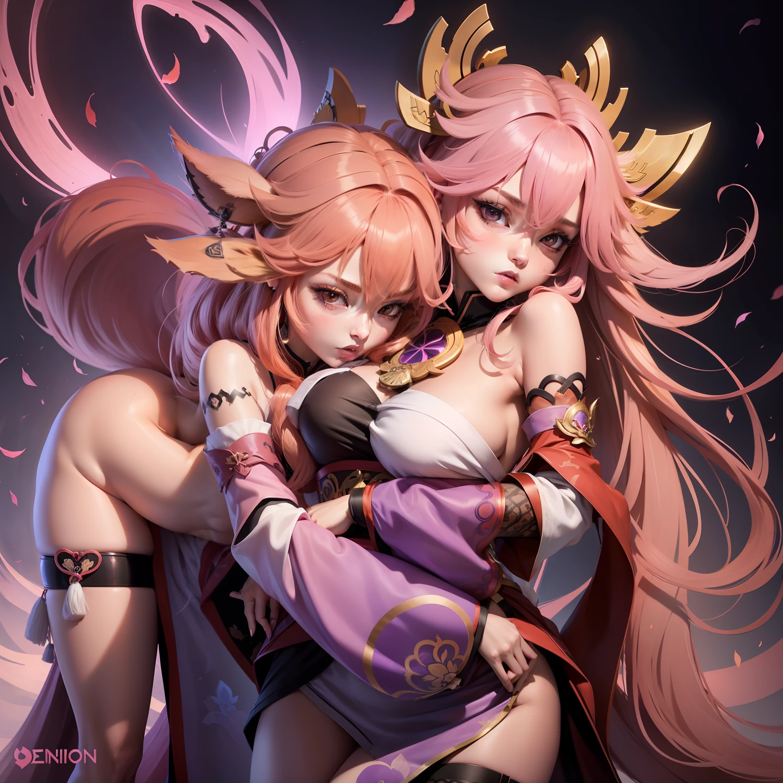 girls kiss, girls holding each others, gentle hug, yokai kitsune, nine tails, fox pink tails, electro vision, , fox ears, anime girl with ears, pink, whit hair, yuri love, girls love genshin impact, genshin Raiden, French Kiss, hentai love, emberases, black hair, pink hair, Brown eyes, maid costume, naked characters, nsfw, pashion, arched back, legs on knees, skinny girls, skinny hips, small hips, flat stomach, no hands, beautiful face