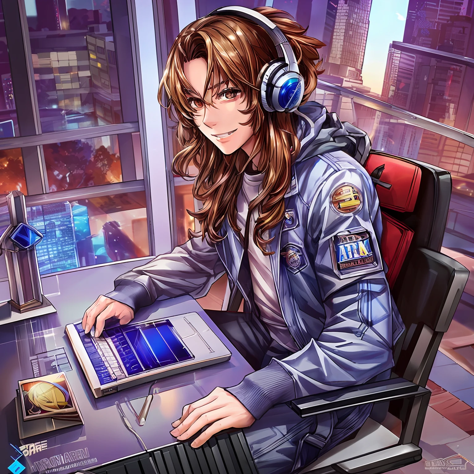A closeup of a man with light brown hair, long hair, trend in CGTastation, extremely detailed ArtGerm, Fanart Best ArtStation, IG model | Artgerm, Artgerm extremely detailed, 4 k, artgerm. anime illustration, gamer, with headset, full body, gamer chair, laptop on table, smiling, seductive, thin, elf, boy, guri, young --auto --s2