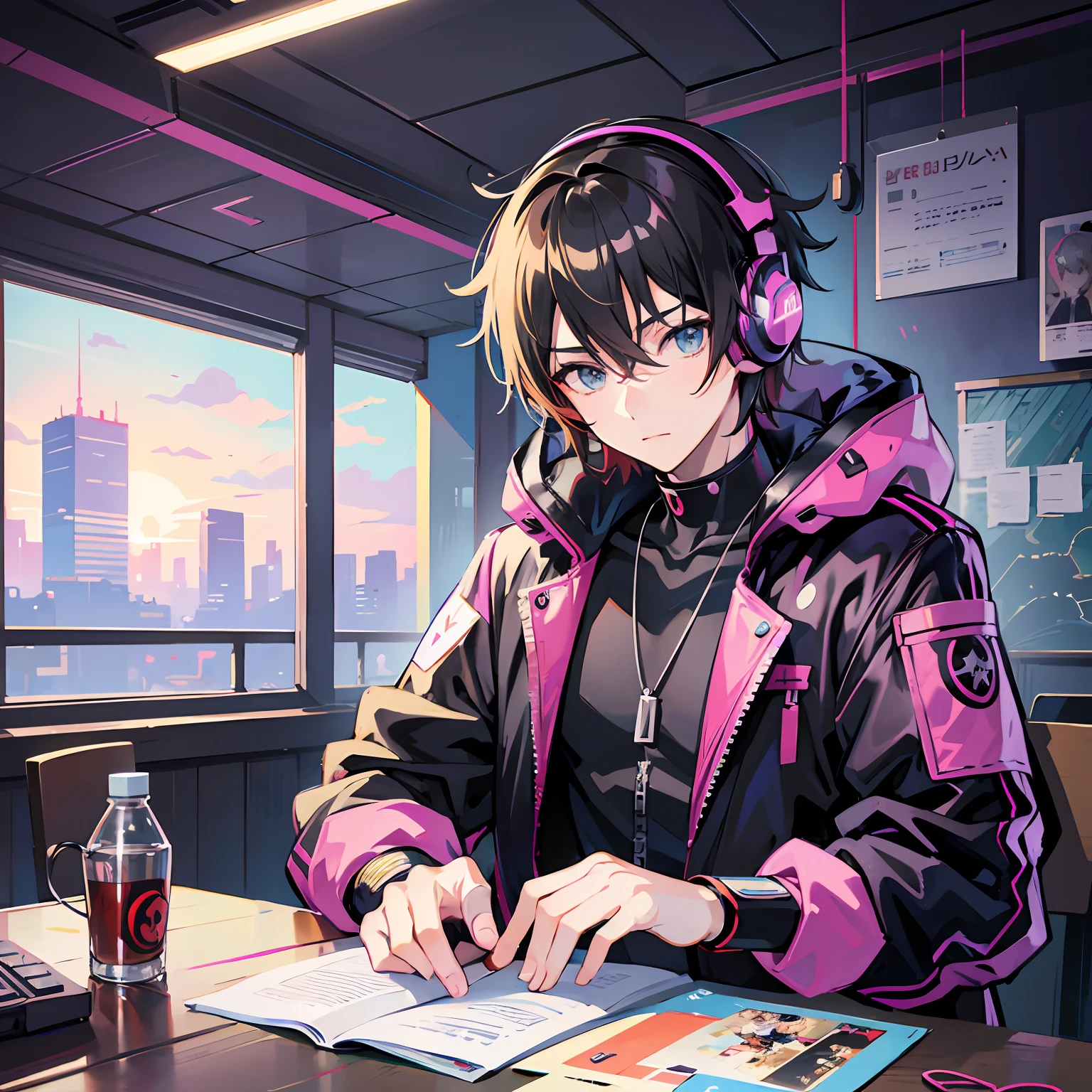 Anime Boy sitting at a table with headphones and a laptop, Commission for High Res, official fanart, OC commission, ig studios anime style, digital cyberpunk anime art, high quality fanart, digital anime illustration, digital cyberpunk - anime art, commission, marin kitagawa fanart, sakimichan frank franzzeta, fanart, man, boy, guri, happy --auto --s2