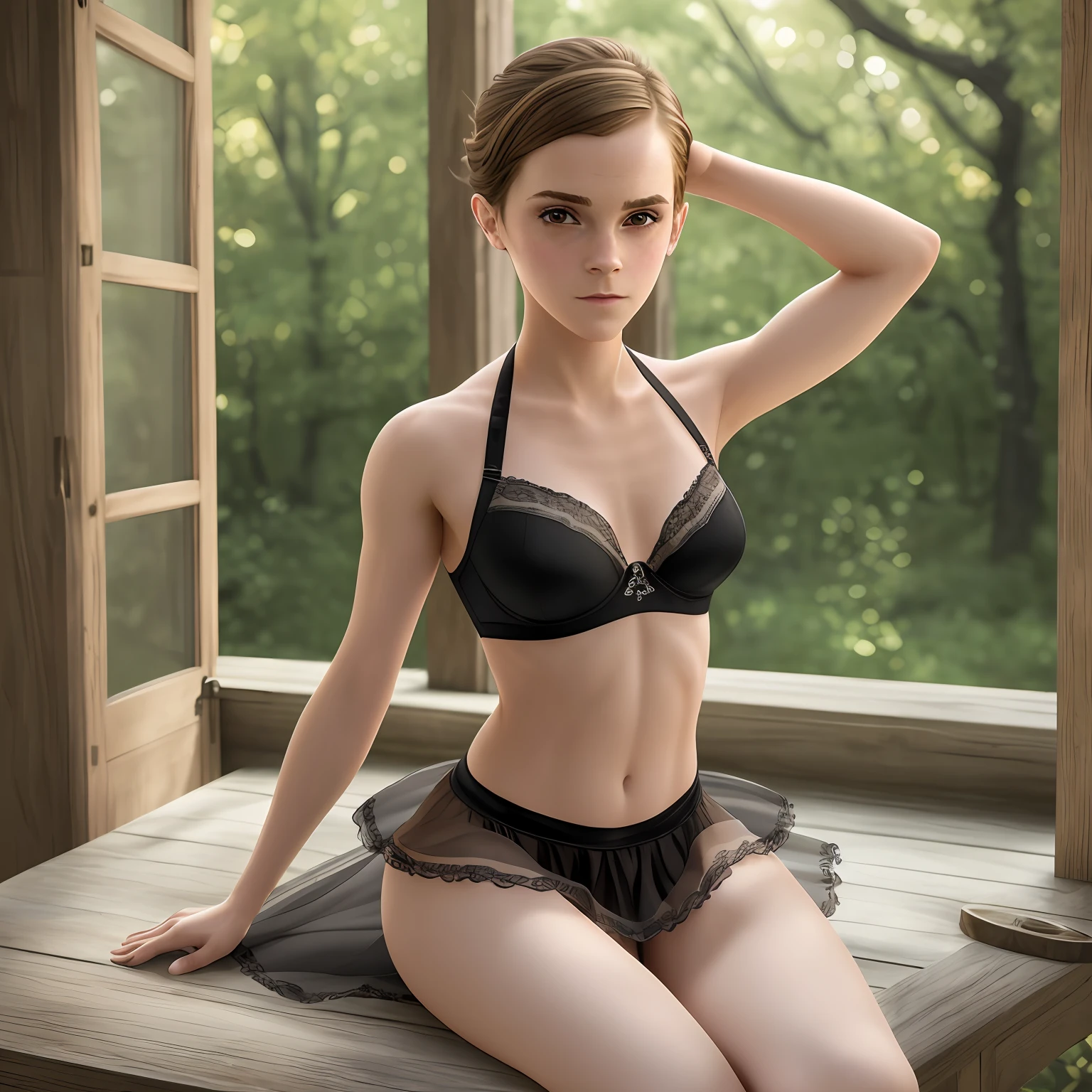 Ballerina, (((Emma Watson))), perfect figure, ((round breasts)), (bra), silk skirt, (groin: 1.2), ((sensual mouth)), ((beautiful big eyes)), ((focus on eyes)), collarbone, belly button, natural light, extremely detailed, 8yk, raw photo, high level of detail, (ray tracing), (masterpiece), (best quality), high resolution, (realistic: 1.4), physically based representation, ultra-realistic, whole body --auto --s2