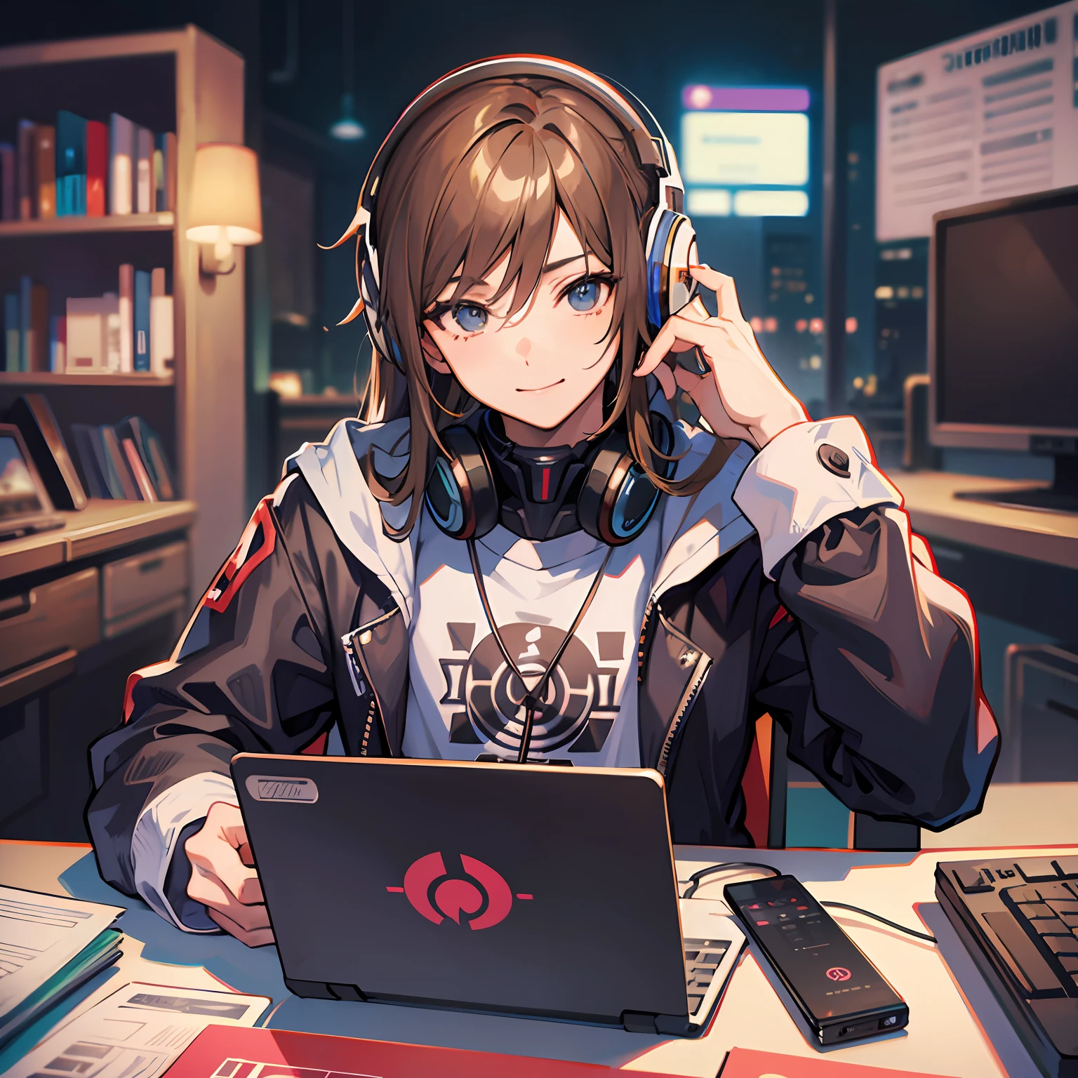 Anime Boy sitting at a table with headphones and a laptop, Commission for High Res, official fanart, OC commission, ig studios anime style, digital cyberpunk anime art, high quality fanart, digital anime illustration, digital cyberpunk - anime art, commission, marin kitagawa fanart, sakimichan frank franzzeta, fanart, man, boy, guri, happy, A closeup of a man with light brown hair, long hair, trend in CGTastation, ArtGerm extremely detailed, Fanart Best ArtStation, model IG | Artgerm, Artgerm extremely detailed, 4 k, artgerm. anime illustration, gamer, with headset, full body, gamer chair, laptop on table, smiling, seductive, thin, young --auto --s2