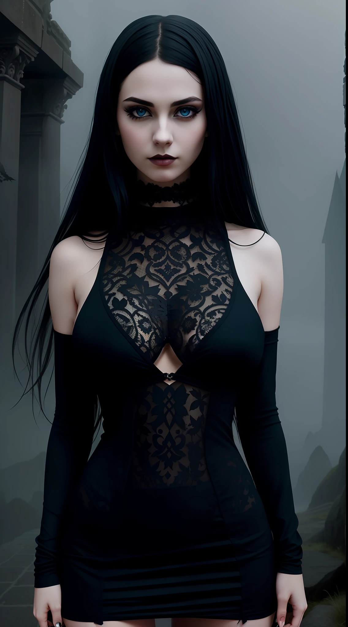 attractive gothic girl, aestetic body, medium tits,gothic aesthetics, dark blue, fog, haze, shadows, lighting effects, mysterious appearance, high contrast, stone cave walls in the background, detailed face, ultra detail, hyperrealism,
