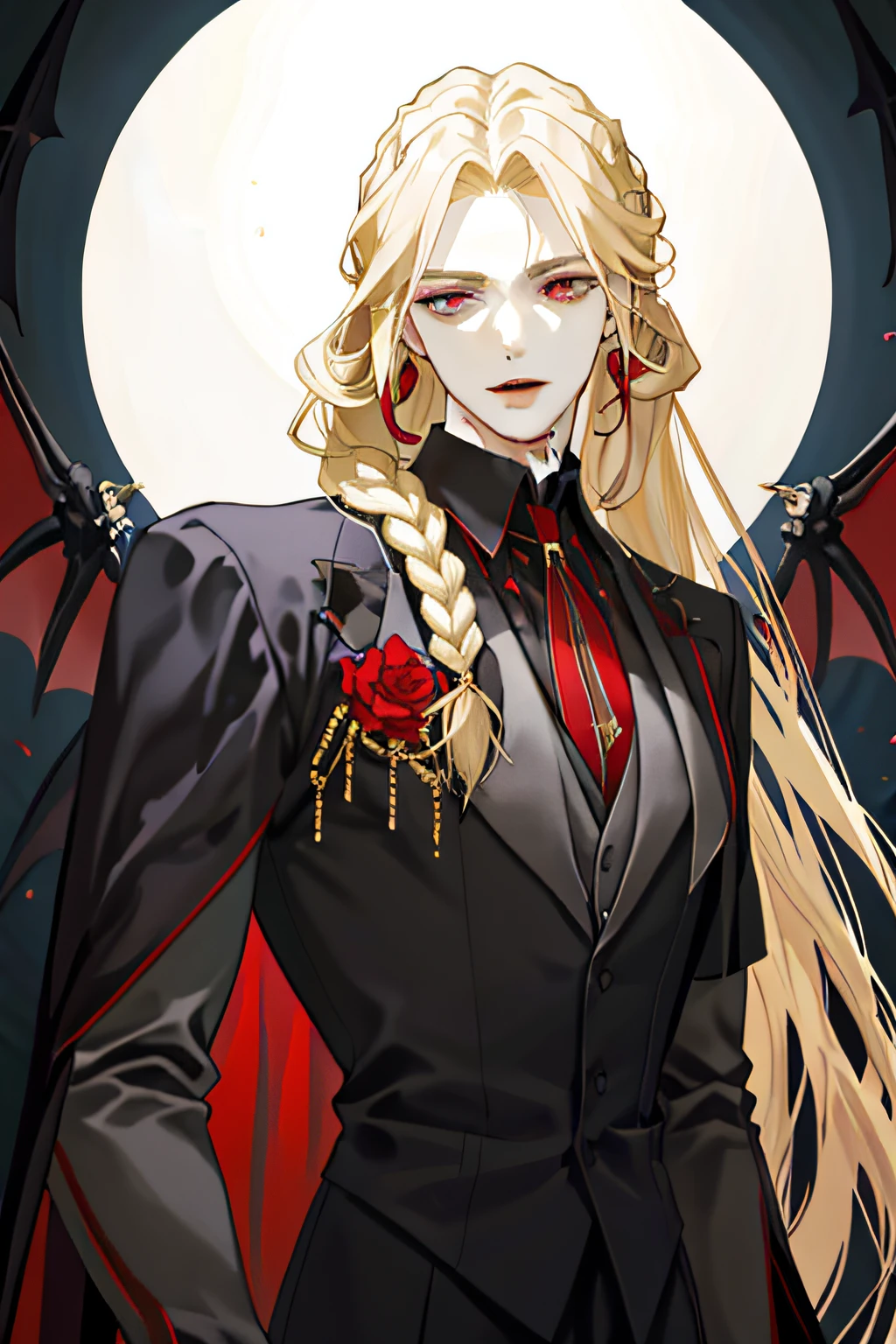 1male, attractive, tall, slightly muscular, long blond hair, braids, red eyes, elegant, aristocratic bearing, attractive, elegant black suit, vampire fangs, vampire, perfectly detailed eyes, perfectly detailed face, adult, masterpiece, upper body. ((masterpiece: 1.2, best quality)), (handsome: 1.4)