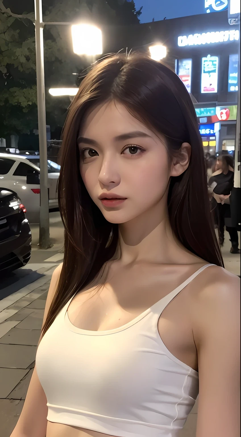 ((Realistic lighting, top quality, 8K, Masterpiece: 1.3)), Clear Focus: 1.2, 1 girl, Perfect figure: 1.4, Slim abs: 1.1, (((Dark Brown hair)), (White Tube Top: 1.4), (Outdoor, Night: 1.1), Street, Ultra Slender Face, Narrow Eyes, Double Eyelids,