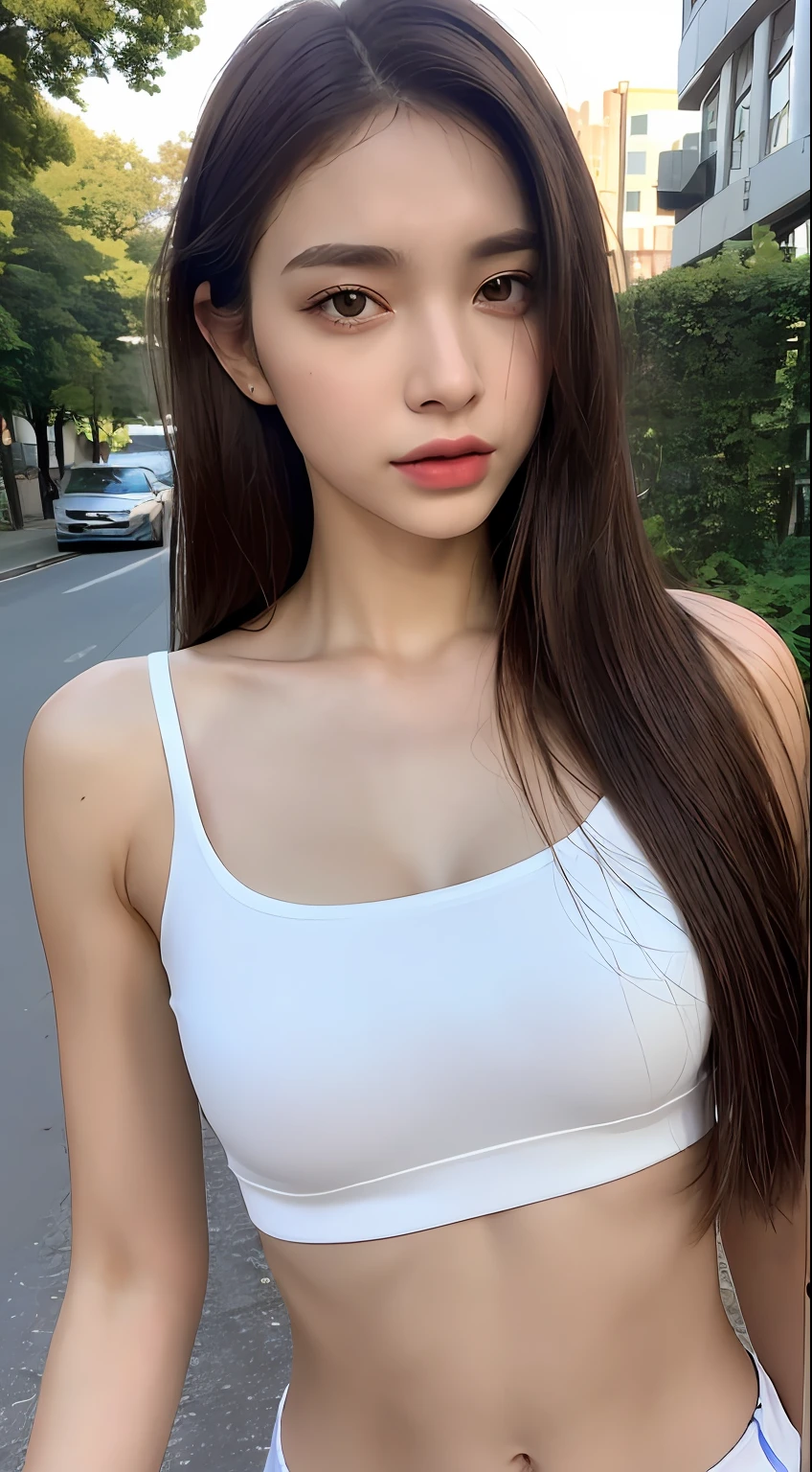 ((Realistic lighting, top quality, 8K, Masterpiece: 1.3)), Clear Focus: 1.2, 1 girl, Perfect figure: 1.4, Slim abs: 1.1, (((Dark Brown hair)), (White Tube Top: 1.4), (Outdoor, Night: 1.1), Street, Ultra Slender Face, Narrow Eyes, Double Eyelids,