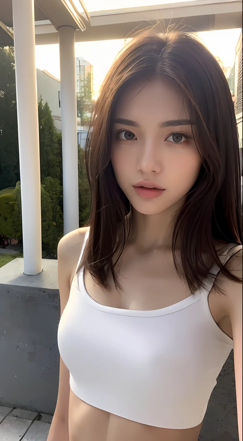 ((Realistic lighting, top quality, 8K, Masterpiece: 1.3)), Clear Focus: 1.2, 1 girl, Perfect figure: 1.4, Slim abs: 1.1, (((Dark Brown hair)), (White Tube Top: 1.4), (Outdoor, Night: 1.1), Street, Ultra Slender Face, Narrow Eyes, Double Eyelids,
