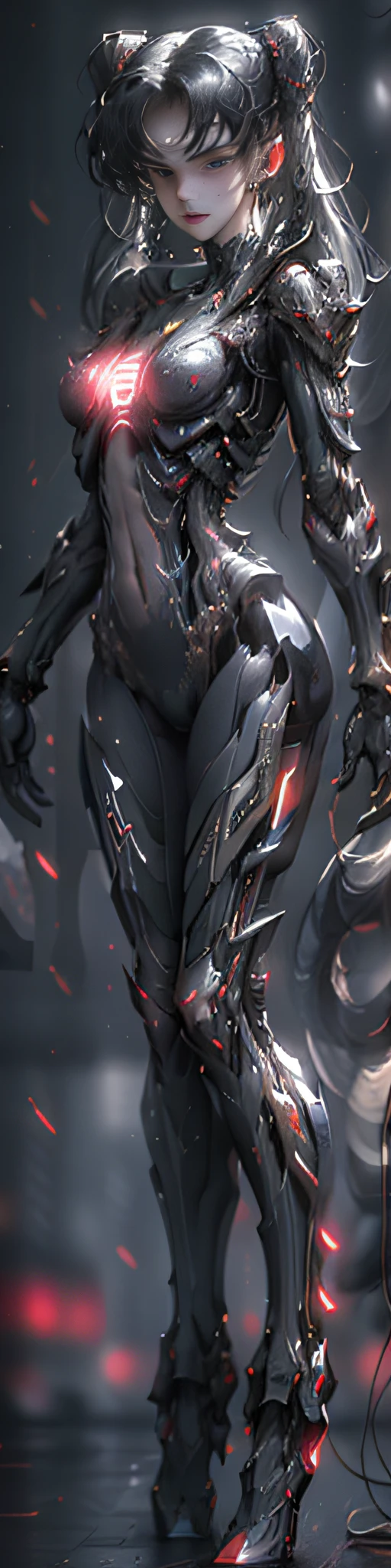(from front:1.5), (1mechanical girl:1.5),full body, solo, Slim waist, thick thighs, (machine made joints:1.2),(machanical limbs:1.1),(blood vessels connected to tubes),(mechanical vertebra attaching to back),(mechanical cervial attaching to neck), lights on armor, mecha headglass, (Luminous Arms:1.5), (laser eyes:1.5), expressionless, huge breast,
colorful,hdr, ray tracing, nvidia rtx, super-resolution, unreal 5, subsurface scattering, pbr texturing, post-processing, anisotropic filtering, depth of field, maximum clarity and sharpness, rule of thirds, 16k raw, (luminescent particles:1.4), extremely detailed cg, unity 8k wallpaper, 3d, cinematic lighting, lens flare, reflections, sharp focus, cyberpunk art, realistic, highly detailed CG illustration, an extremely delicate and beautiful, cinematic light, (photorealistic:1.5), (Dark background:1.5),dynamic angle, masterpiece, best quality, ultra-detailed, illustration, detailed light, dramatic_shadow,face shadow,extra detailed,best performance,