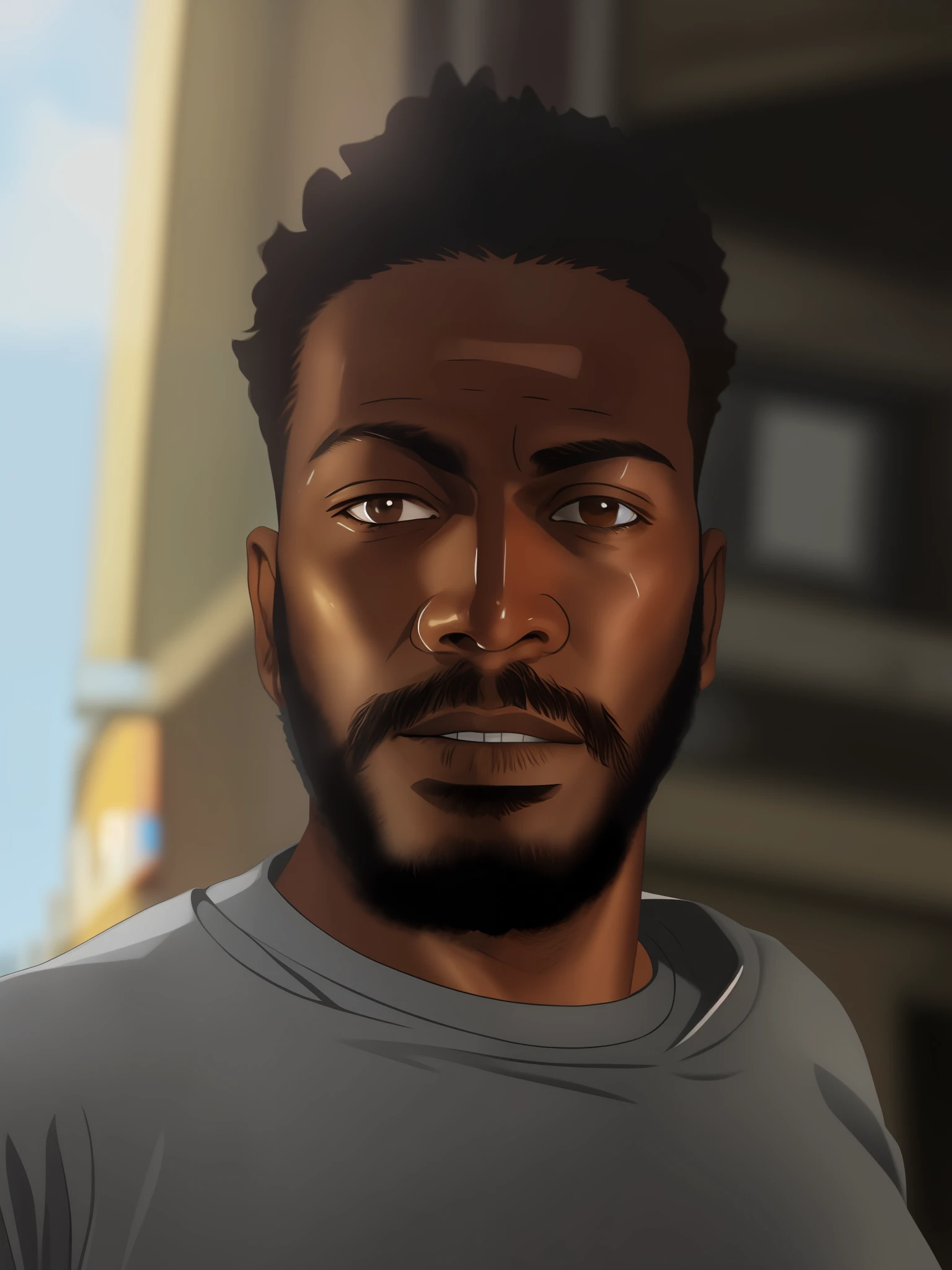 There is a man with beard, brown skin and gray shirt, 30 years, High quality image, headshot profile photo,GTA San Andreas style,