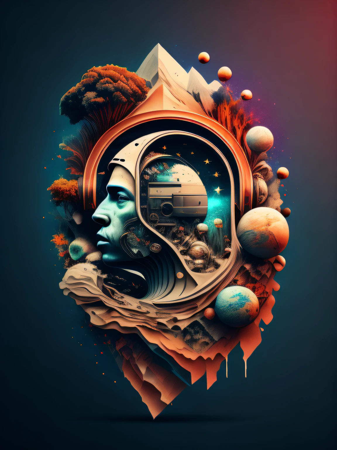 a stylized image of a Astronaut helmet with a lot of different things in it