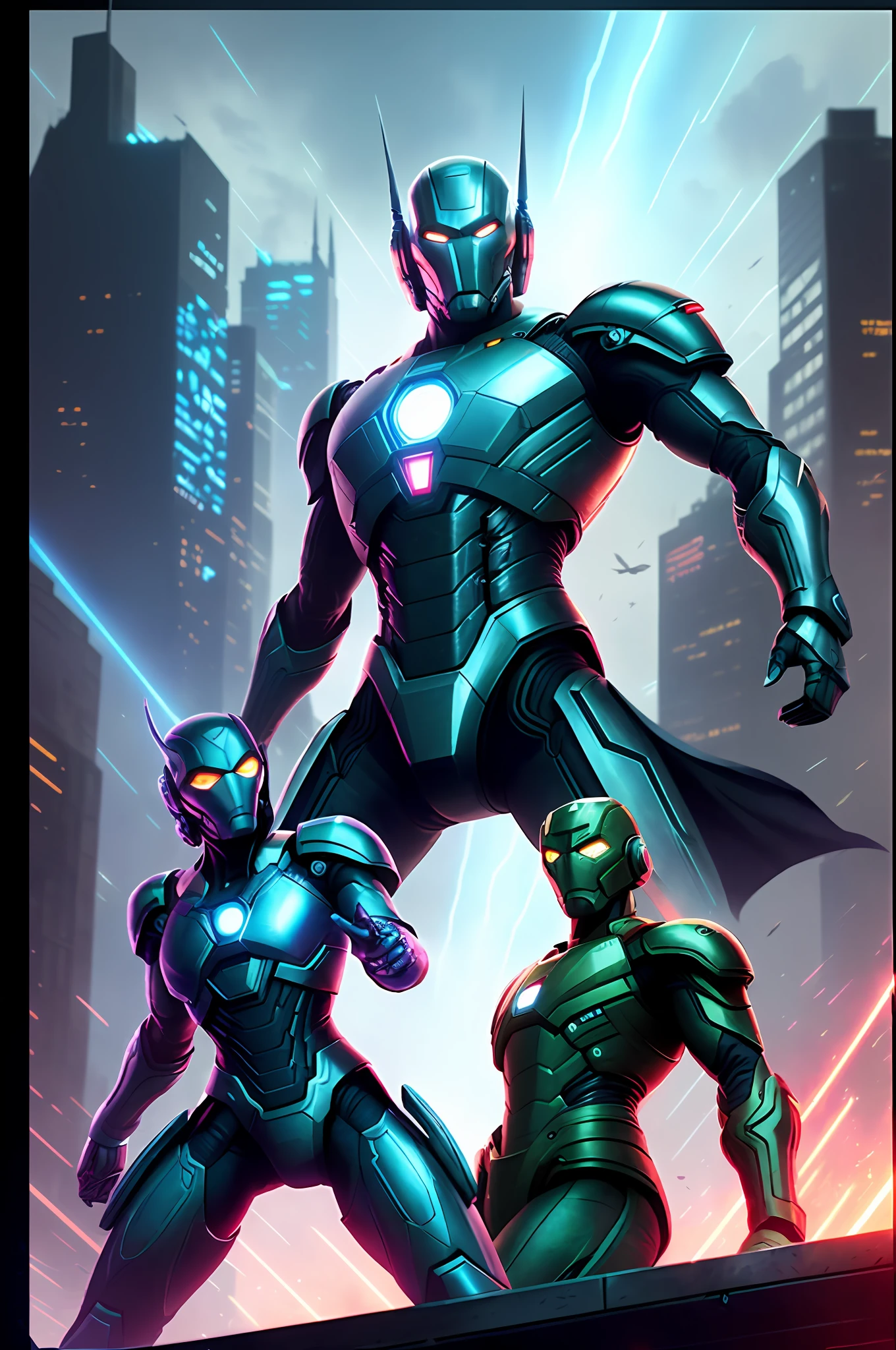 A fight scene (war), Artificial intelligence with human face, Hunanoid, Cyberspace, many android fighting, firing futuristic weapons, in a futuristic city (city of artificial intelligences), artificial intelligence codes, strong lights wings, with flying cars, shooting with his futuristic weapon rays of neon blue lights 1:1, cover style of the movie Avengers, for comic, image well centered better resolution