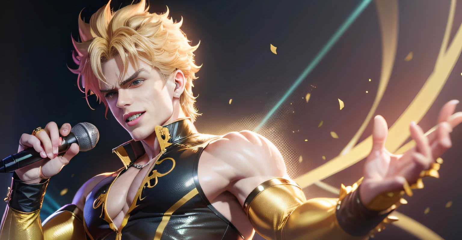 Dio brando, jojo's bizzare adventure, dio stardust crusaders form, singing, look_at_the_viewer, HD, 8K, no text, smiling, on a stage, left arm on the chest