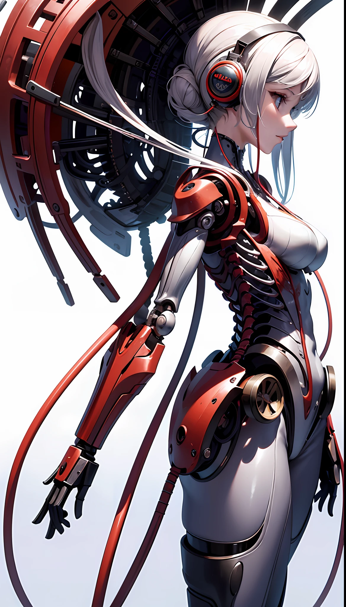 (Masterpiece, Top Quality, Best Quality, Official Art, Beautiful Indulgence: 1.2), (1 Girl: 1.3), Very Detailed, Colorful, Supreme Detail ((Ultra Detailed)), (Highly Detailed CG Illustration), (Very Delicate and Beautiful)), (From the Side), Cinematic Light, (1 Machine Girl)), Solo, Full Body, (Mechanical Joints: 1.2), ((Mechanical limbs)), (Blood vessels connected to tubes), ( Mechanical vertebrae attached to the back), ((Mechanical cervical vertebrae attached to the neck)), expressionless, (Wires and cables attached to the neck: 1.2), (Head wires and cables: 1.2) (Character focus), (Lower body integrated with mechanical devices), Science fiction, White background, (Blood: 1.5), cruelty, absurdity, erotic rotesque, fusion with machines