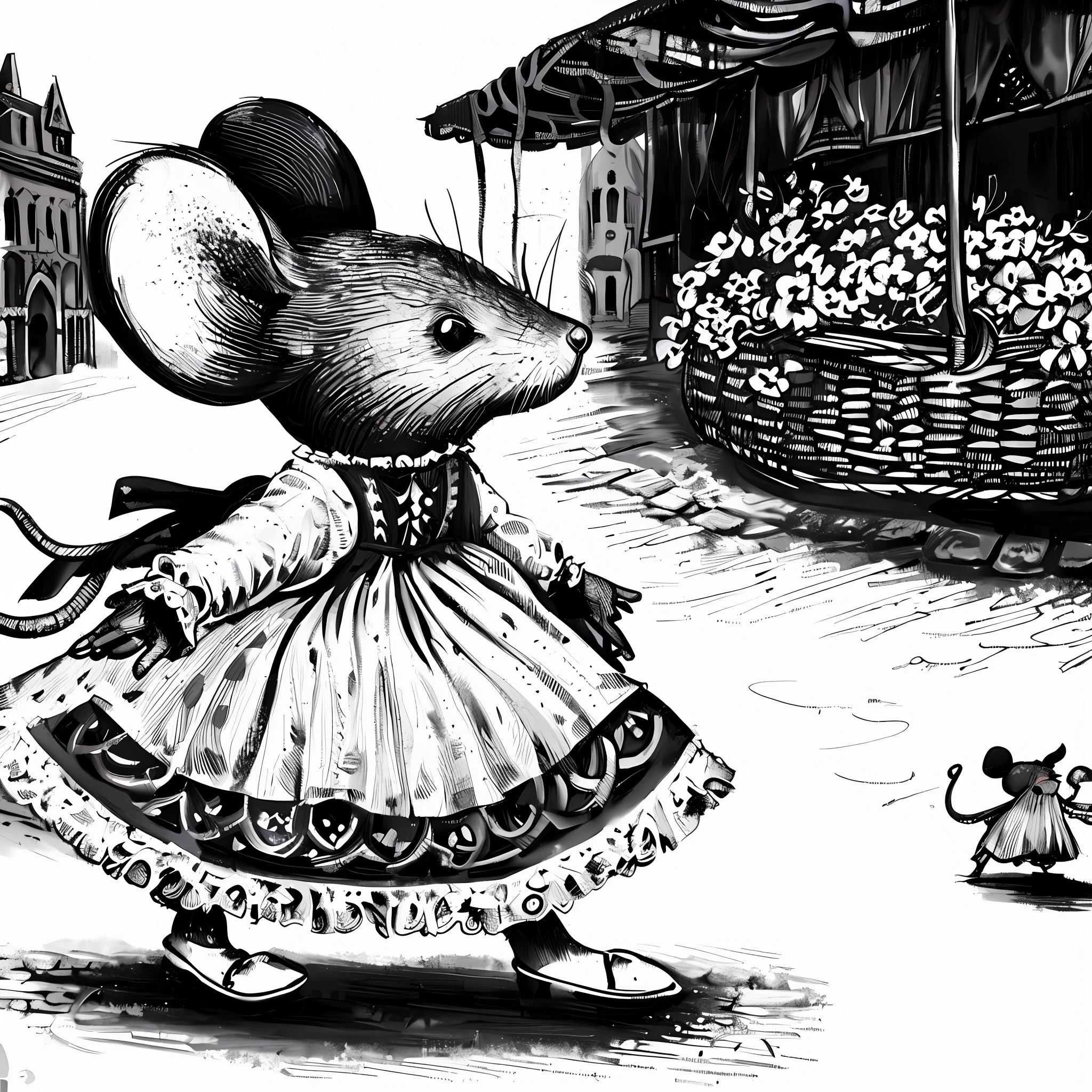 drawing of a mouse in a dress and a mouse in a hat, mouse in clothes, beautiful mouse - girl, anthropomorphic mouse, black and white illustration, a mouse in a gothic atelier, storybook illustration, mouse guard, story book illustration, mouse, a storybook illustration, inspired by Théophile Steinlen, cute storybook illustration