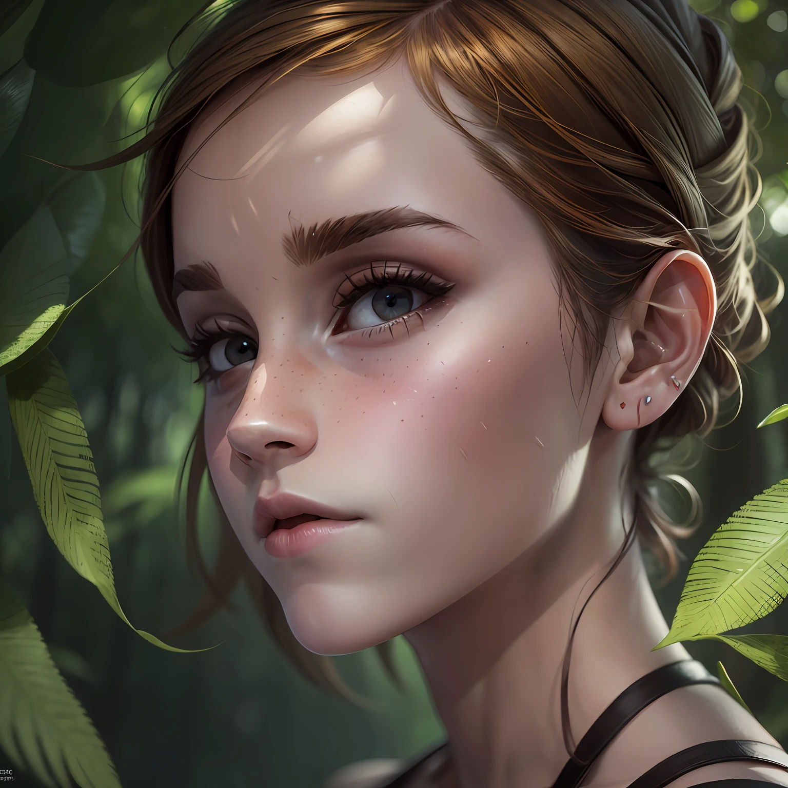 (((Emma Watson))), in the forest, perfect figure, sensual, dreamy, ((round breasts)), ((open shirt)), silk skirt, (groin: 1,2), (sensual mouth), ((beautiful big eyes)), ((focus on eyes)), collarbone, belly button, natural light, extremely detailed, 8yk, raw photo, high level of detail, (ray tracing), (masterpiece), (best quality), high resolution, (realistic: 1,4), physically based representation, ultra realistic, whole body --auto --s2