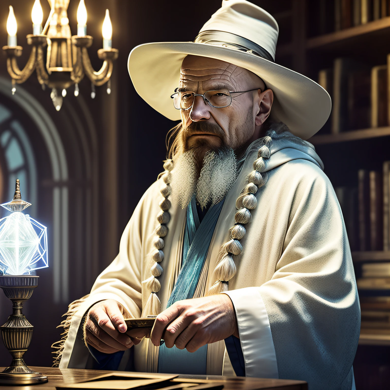 Walter White, (Masterpiece:1.2), (Best Quality), Detailed, UHD, Cinematic Lighting, sharp focus, (illustration:1.1), intricate, Old Wizard with long white hair and beard, wearing a wizard's robe and hat, pondering a blue glowing crystal, in a dimly lit room, magician's room, glowing lights, flickering lights, --auto --s2
